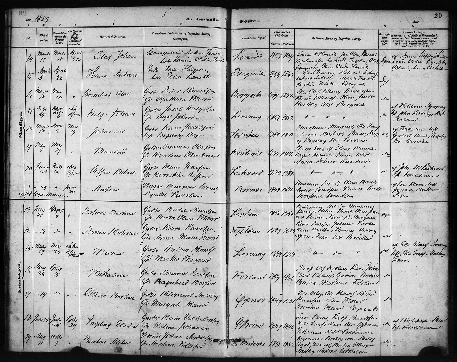 Lindås Sokneprestembete, AV/SAB-A-76701/H/Haa/Haac/L0001: Ministerialbok nr. C 1, 1886-1896, s. 20