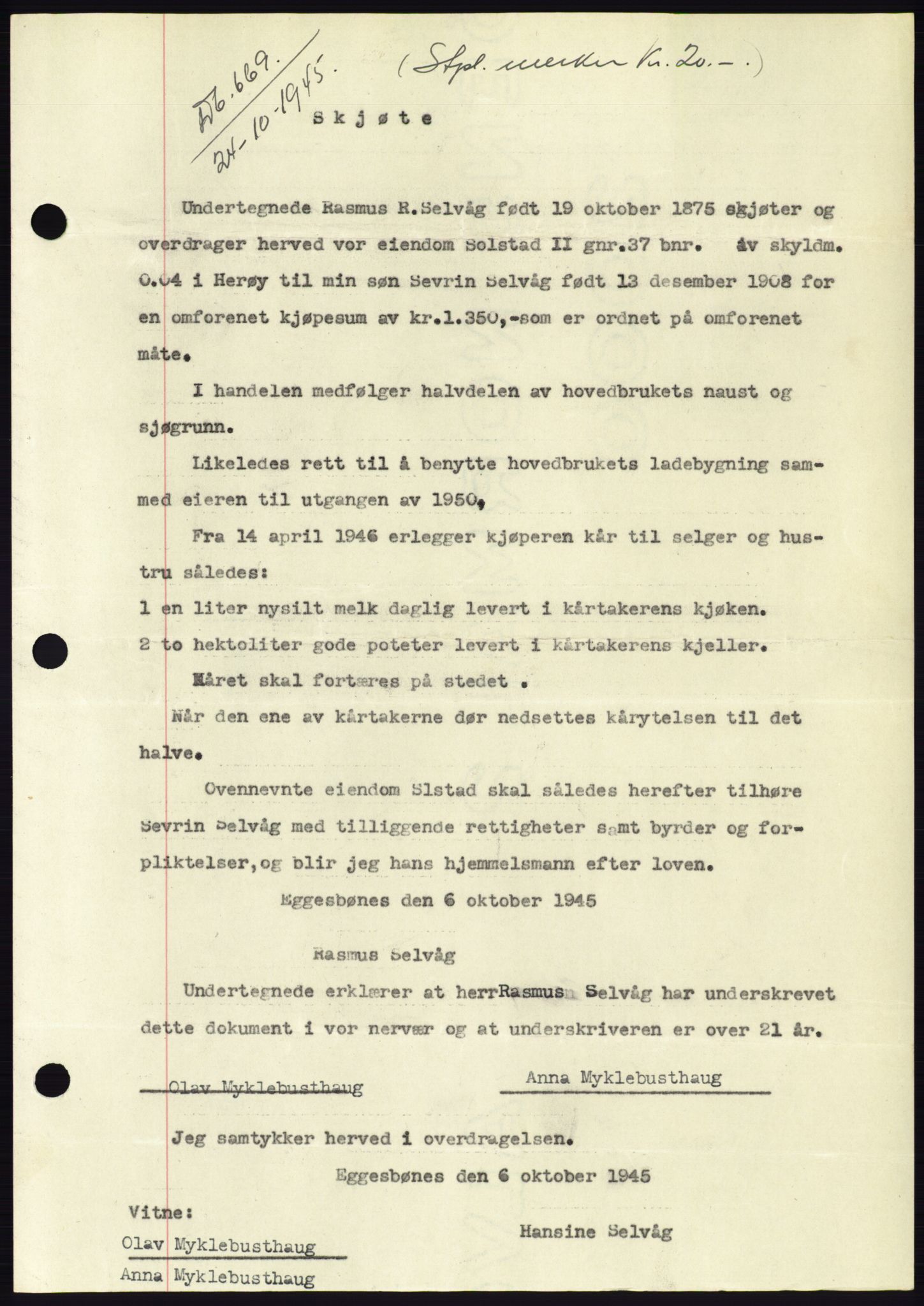 Søre Sunnmøre sorenskriveri, SAT/A-4122/1/2/2C/L0077: Pantebok nr. 3A, 1945-1946, Dagboknr: 669/1945
