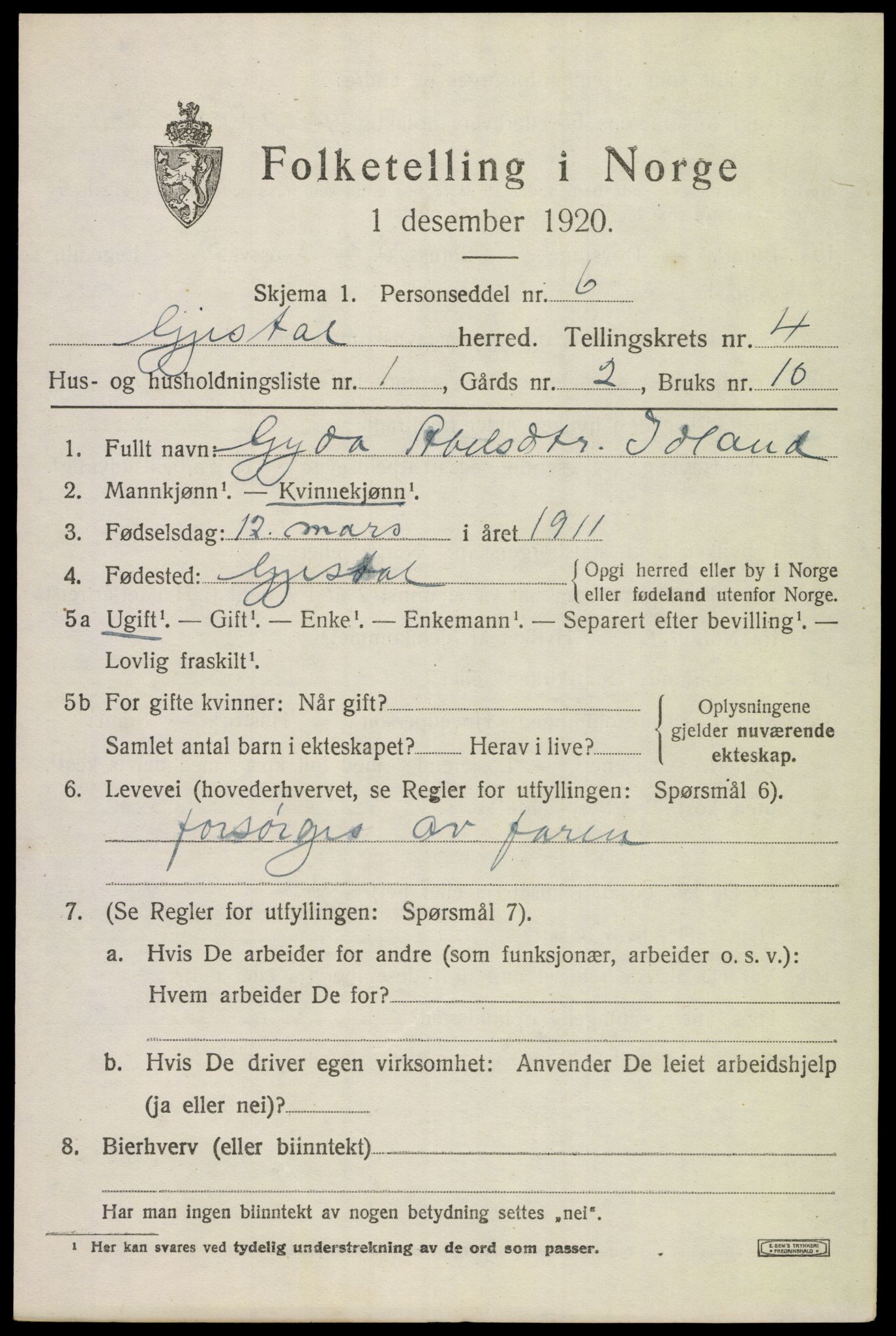 SAST, Folketelling 1920 for 1122 Gjesdal herred, 1920, s. 2538