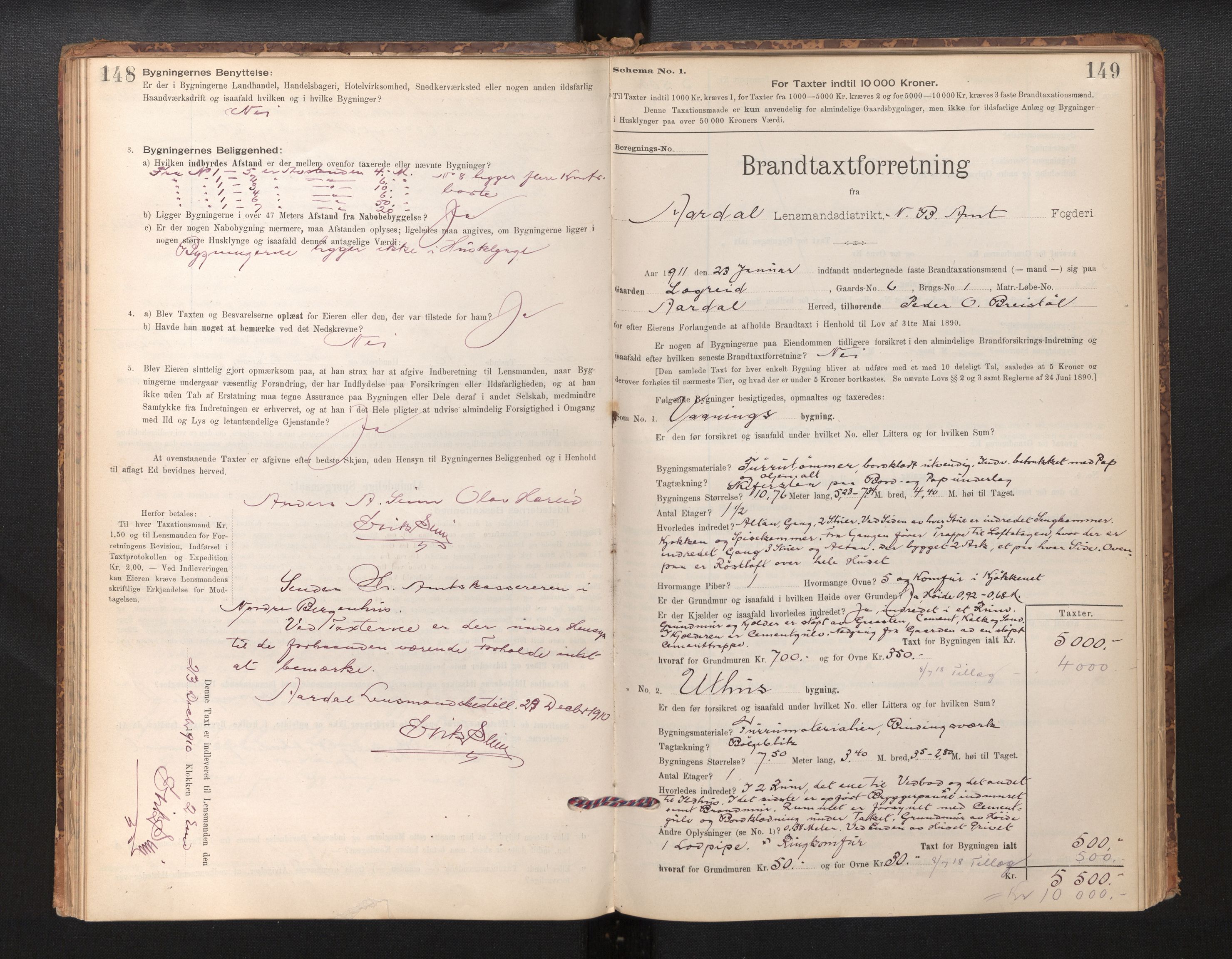 Lensmannen i Årdal, SAB/A-30501/0012/L0008: Branntakstprotokoll, skjematakst, 1895-1915, s. 148-149