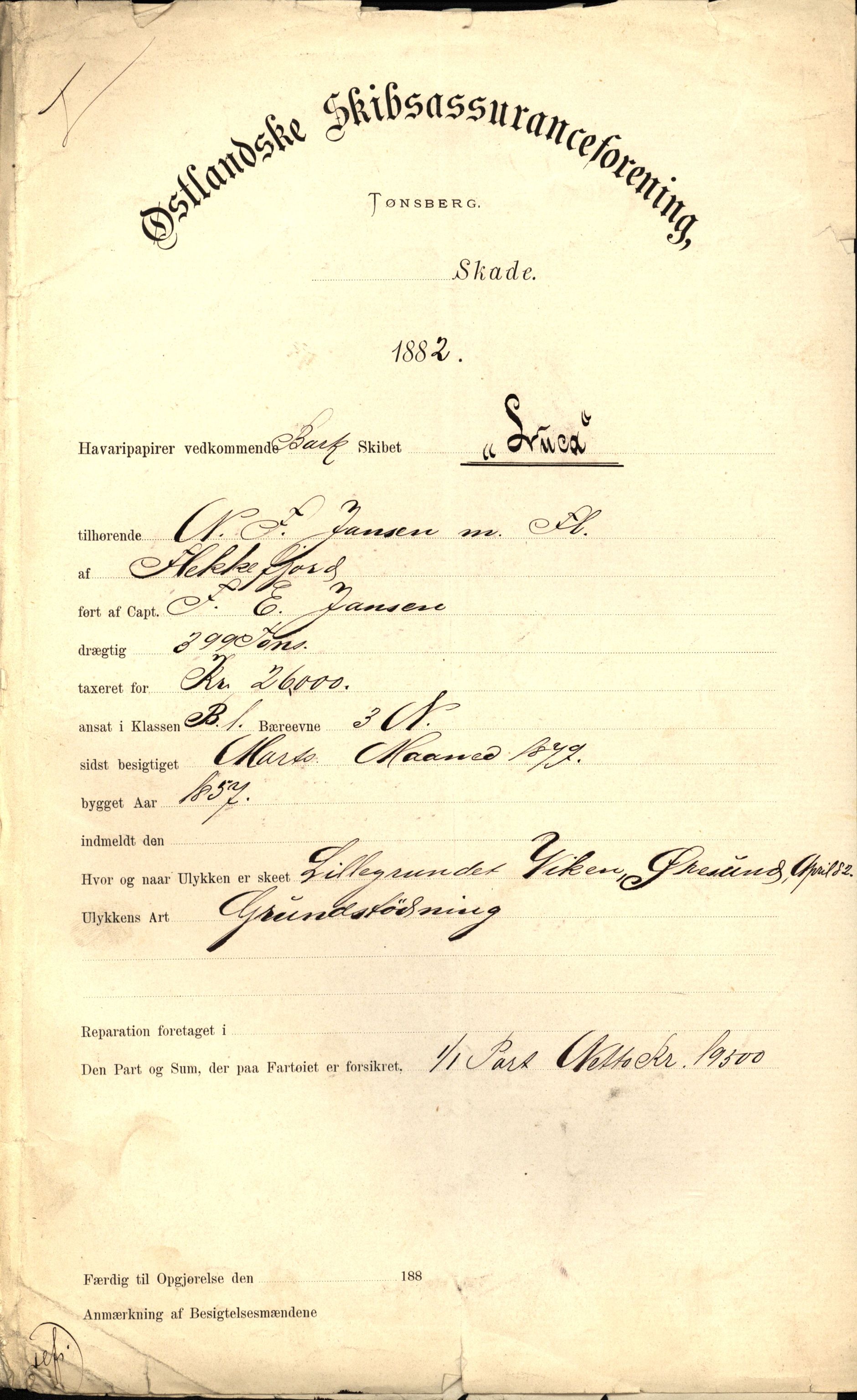 Pa 63 - Østlandske skibsassuranceforening, VEMU/A-1079/G/Ga/L0015/0007: Havaridokumenter / Jil, B.M. Width, Luca, Flora, Drammen, 1882, s. 29