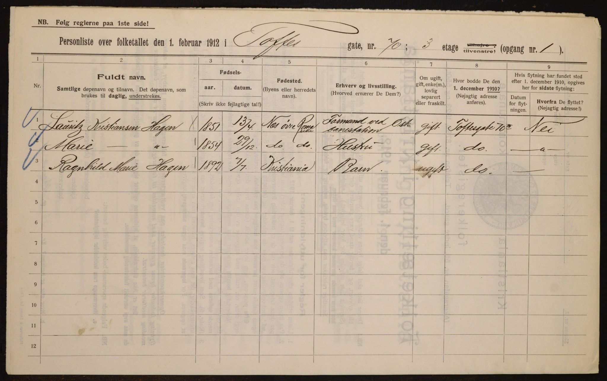 OBA, Kommunal folketelling 1.2.1912 for Kristiania, 1912, s. 113072