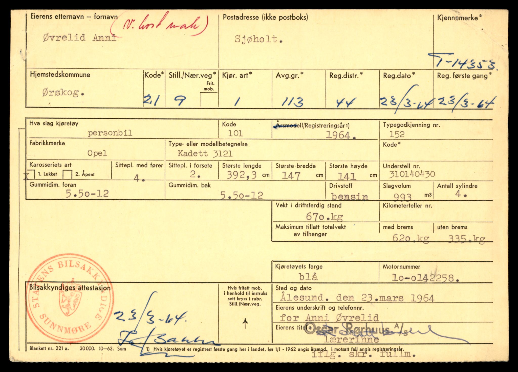Møre og Romsdal vegkontor - Ålesund trafikkstasjon, AV/SAT-A-4099/F/Fe/L0045: Registreringskort for kjøretøy T 14320 - T 14444, 1927-1998, s. 883