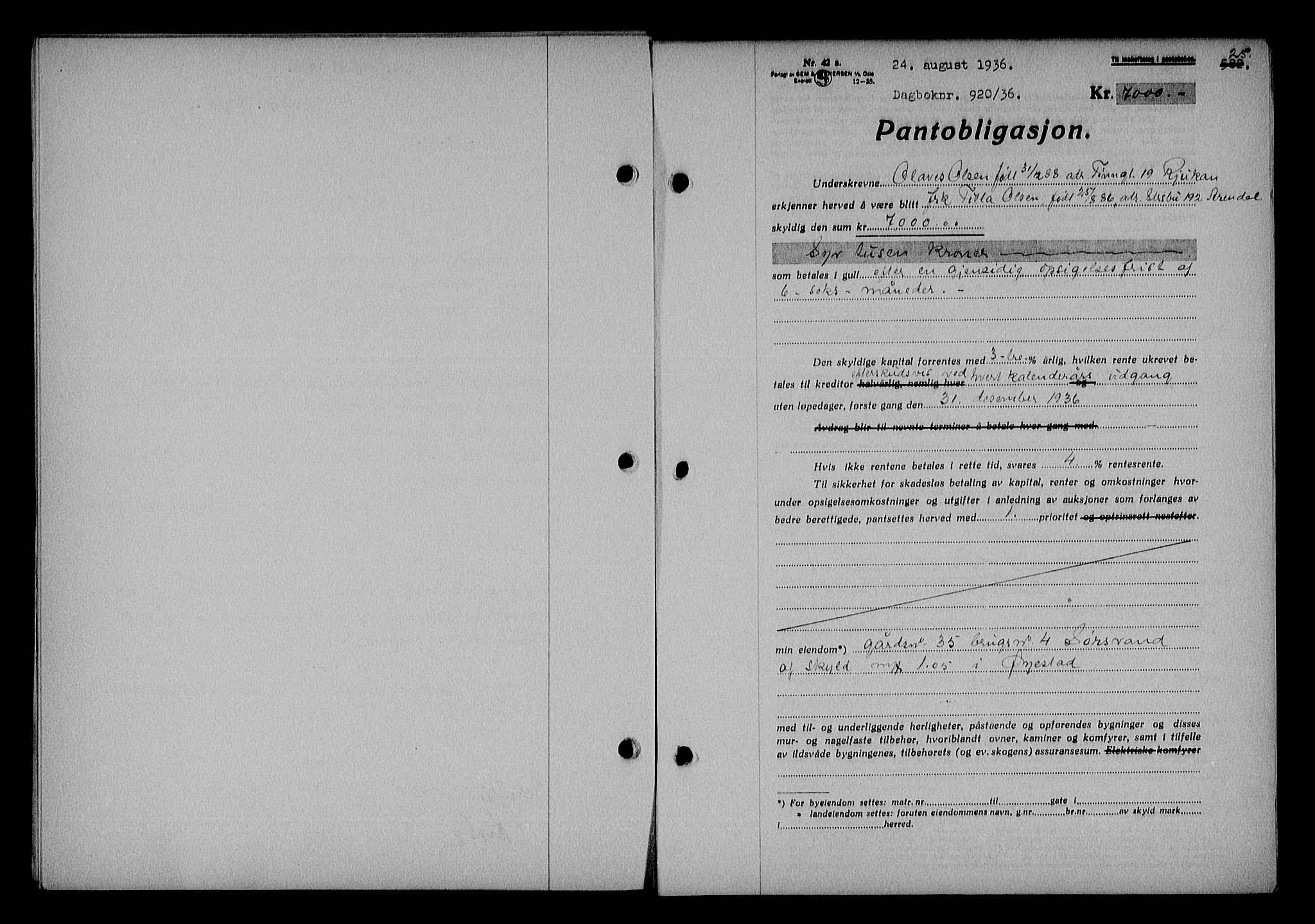 Nedenes sorenskriveri, SAK/1221-0006/G/Gb/Gba/L0043: Pantebok nr. 39, 1936-1937, Dagboknr: 920/1936