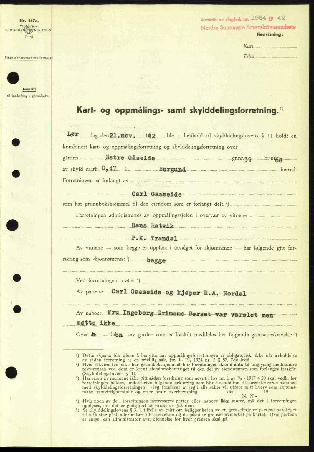 Nordre Sunnmøre sorenskriveri, AV/SAT-A-0006/1/2/2C/2Ca: Pantebok nr. A15, 1942-1943, Dagboknr: 1964/1942