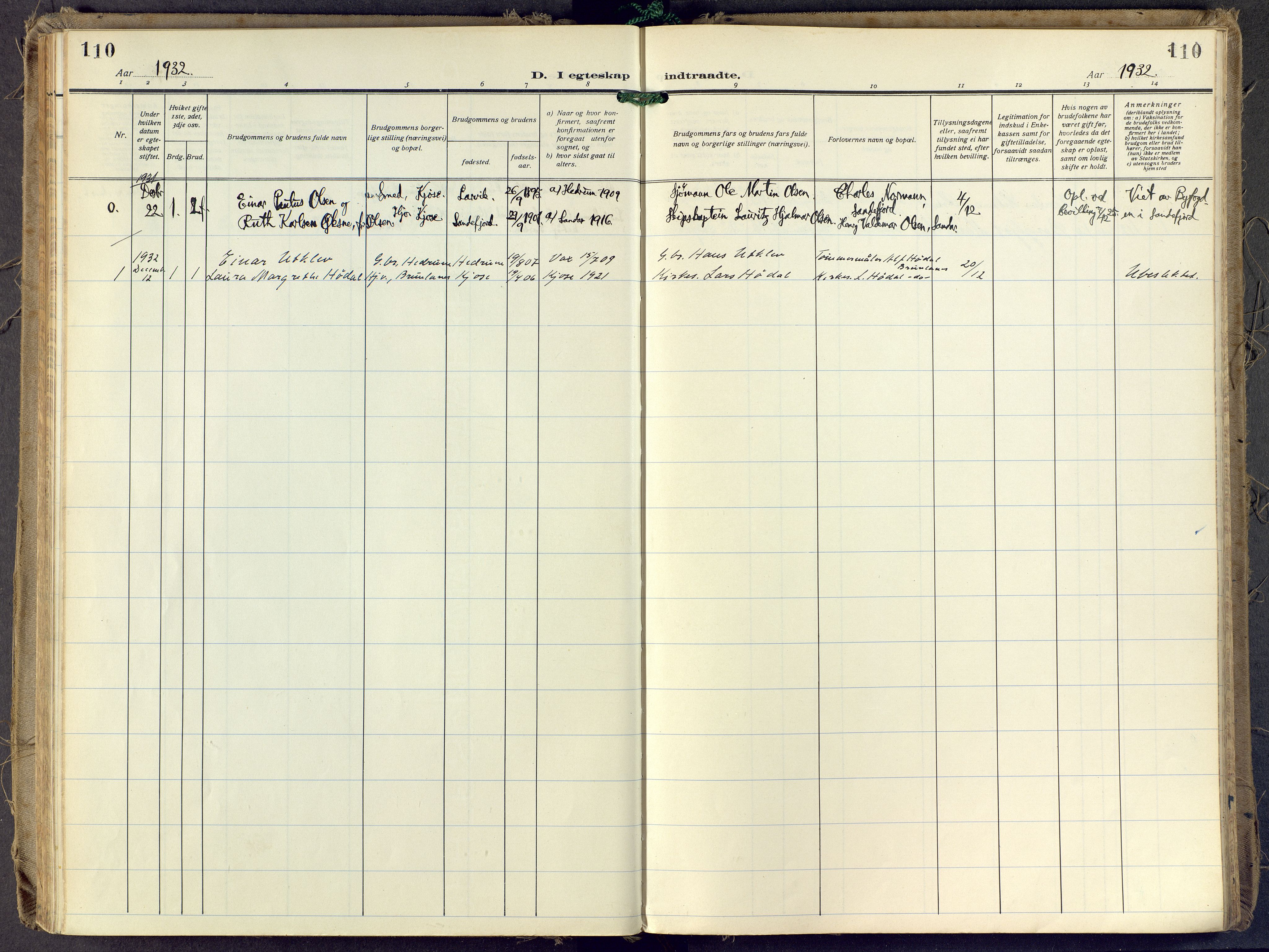 Brunlanes kirkebøker, AV/SAKO-A-342/F/Fd/L0002: Ministerialbok nr. IV 2, 1918-1958, s. 110