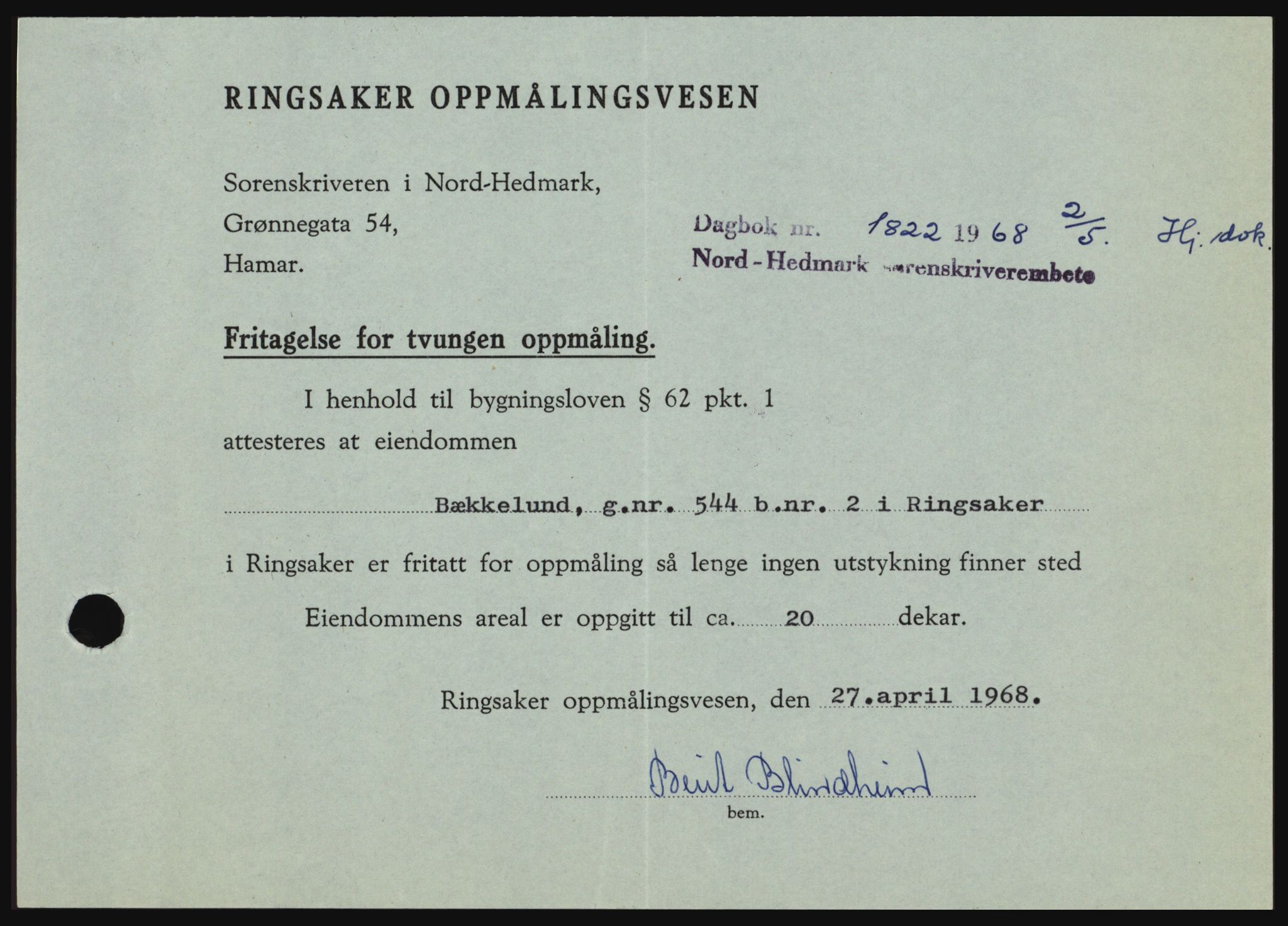 Nord-Hedmark sorenskriveri, SAH/TING-012/H/Hc/L0028: Pantebok nr. 28, 1968-1968, Dagboknr: 1822/1968