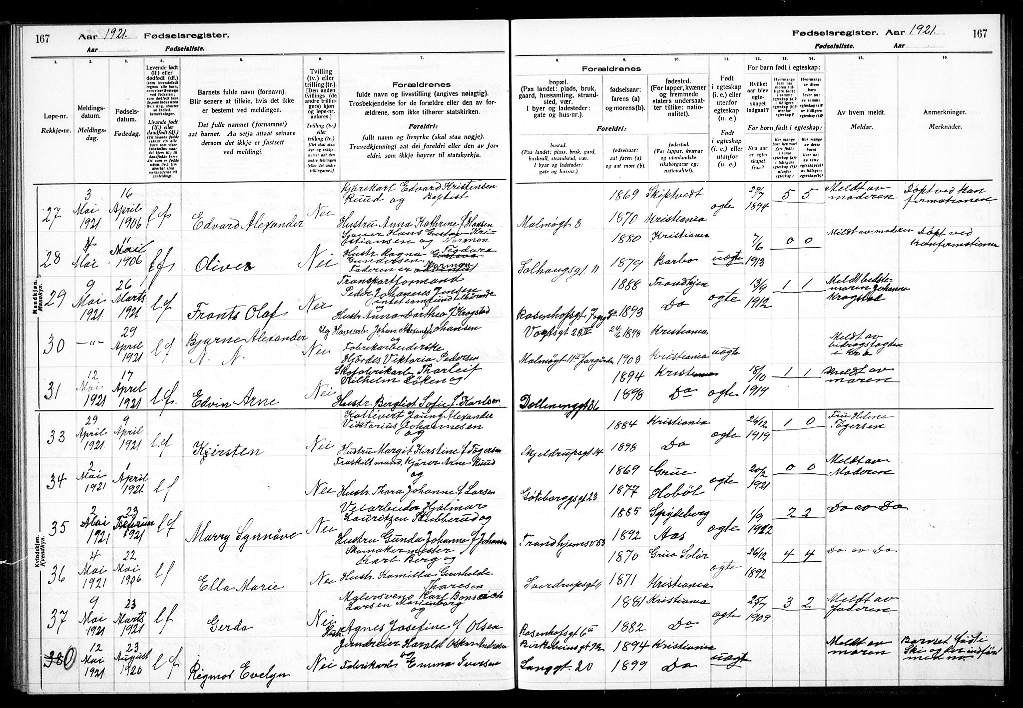 Petrus prestekontor Kirkebøker, AV/SAO-A-10872/J/Ja/L0001: Fødselsregister nr. 1, 1916-1922, s. 167