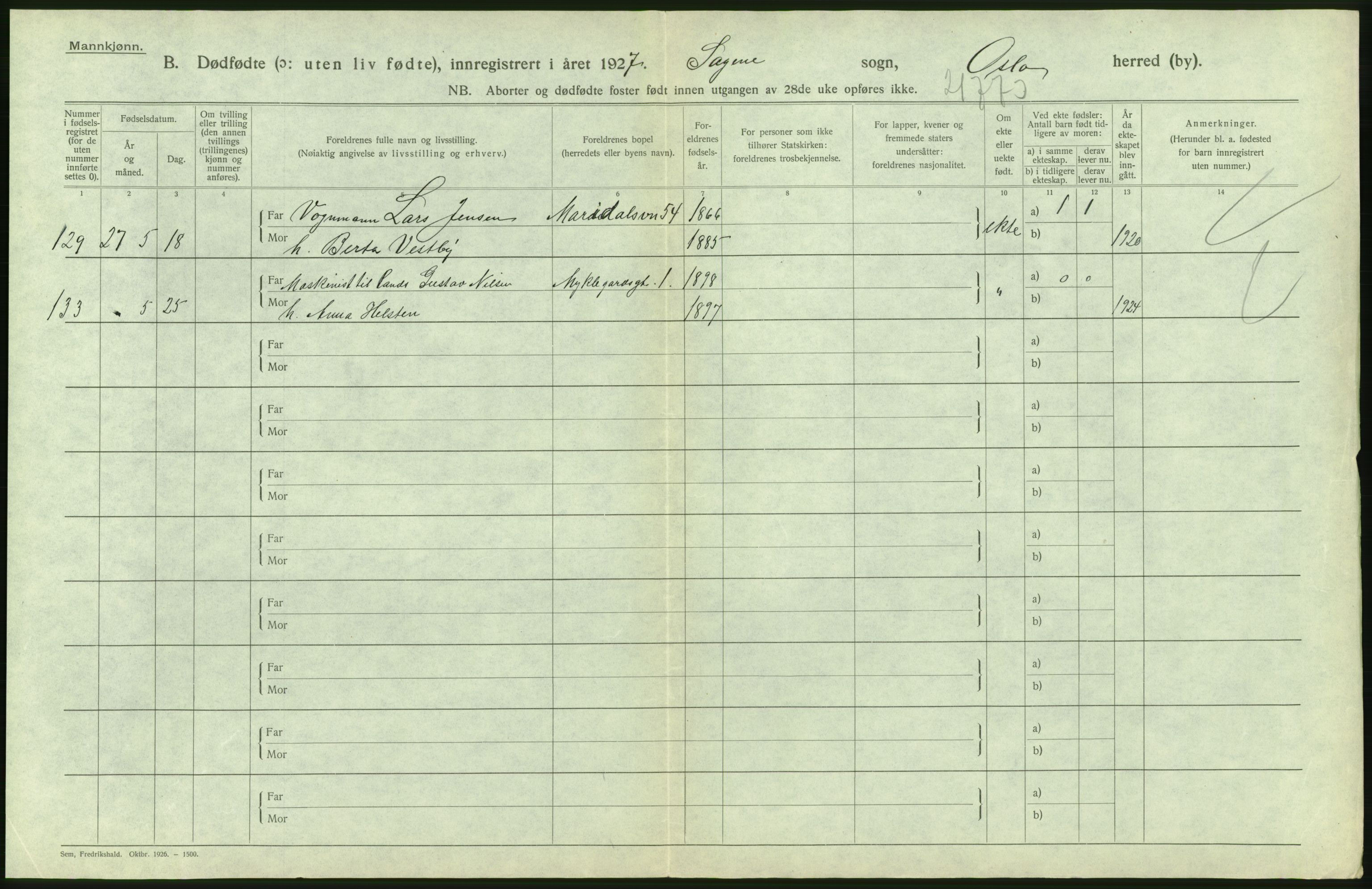 Statistisk sentralbyrå, Sosiodemografiske emner, Befolkning, AV/RA-S-2228/D/Df/Dfc/Dfcg/L0010: Oslo: Døde kvinner, dødfødte, 1927, s. 80