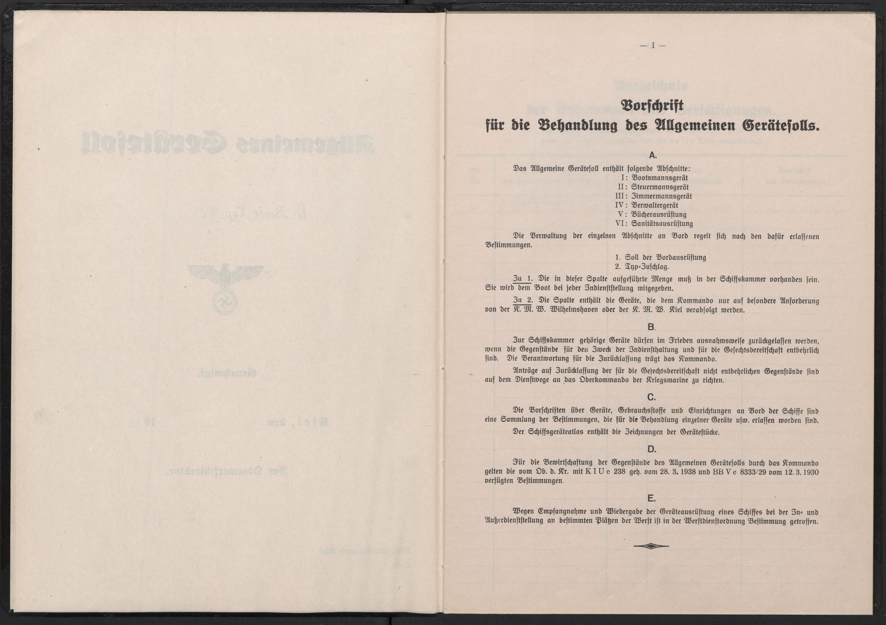 Kriegsmarine Norwegen, Unterseeboote, RA/RAFA-5082/F/L0001/0001: -- / Vorlaufiges, Allgemeines Geräte-Soll für U-Boote Typ IX C, 2 stk. (119), 1942