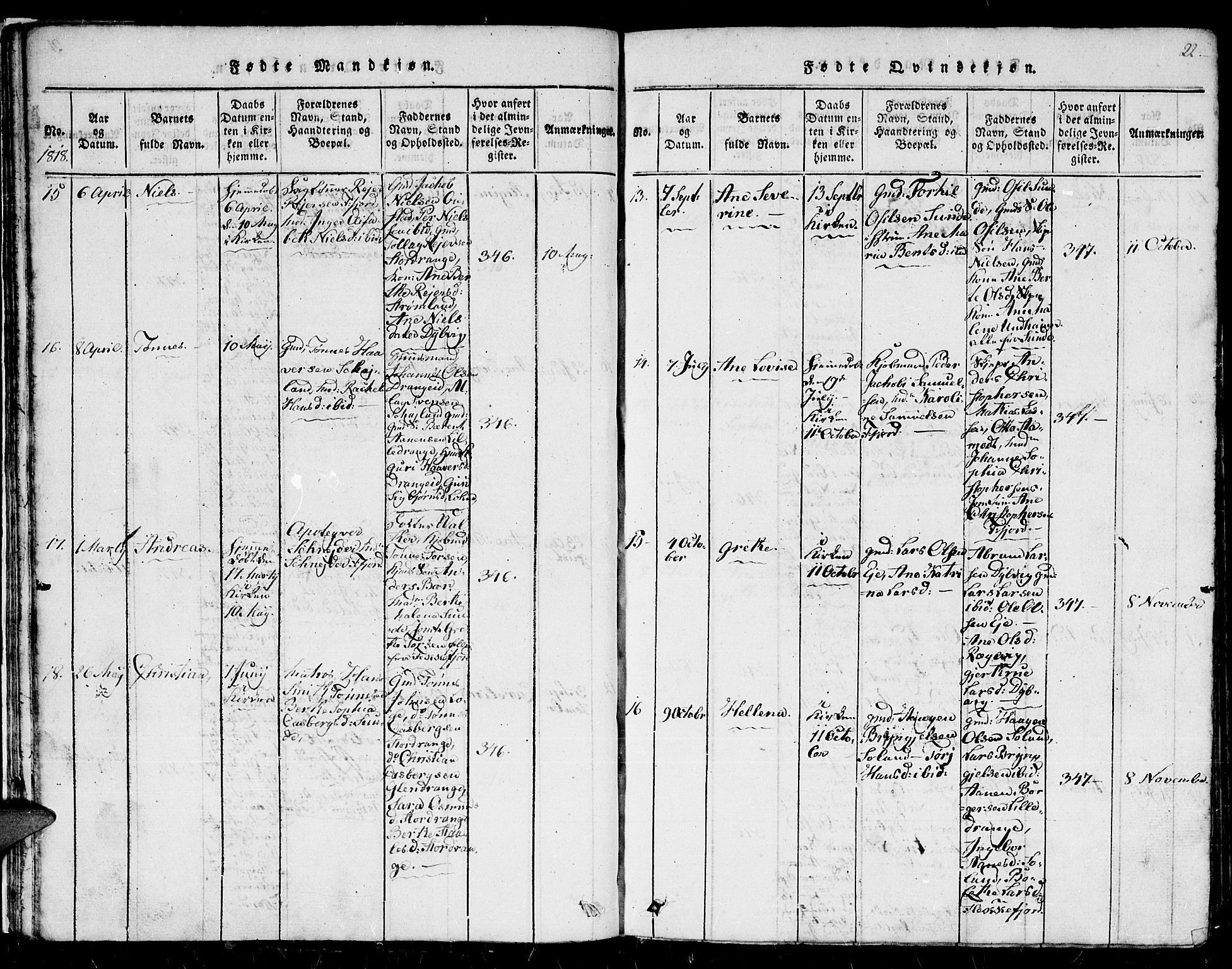 Flekkefjord sokneprestkontor, AV/SAK-1111-0012/F/Fb/Fbc/L0003: Klokkerbok nr. B 3, 1815-1826, s. 22