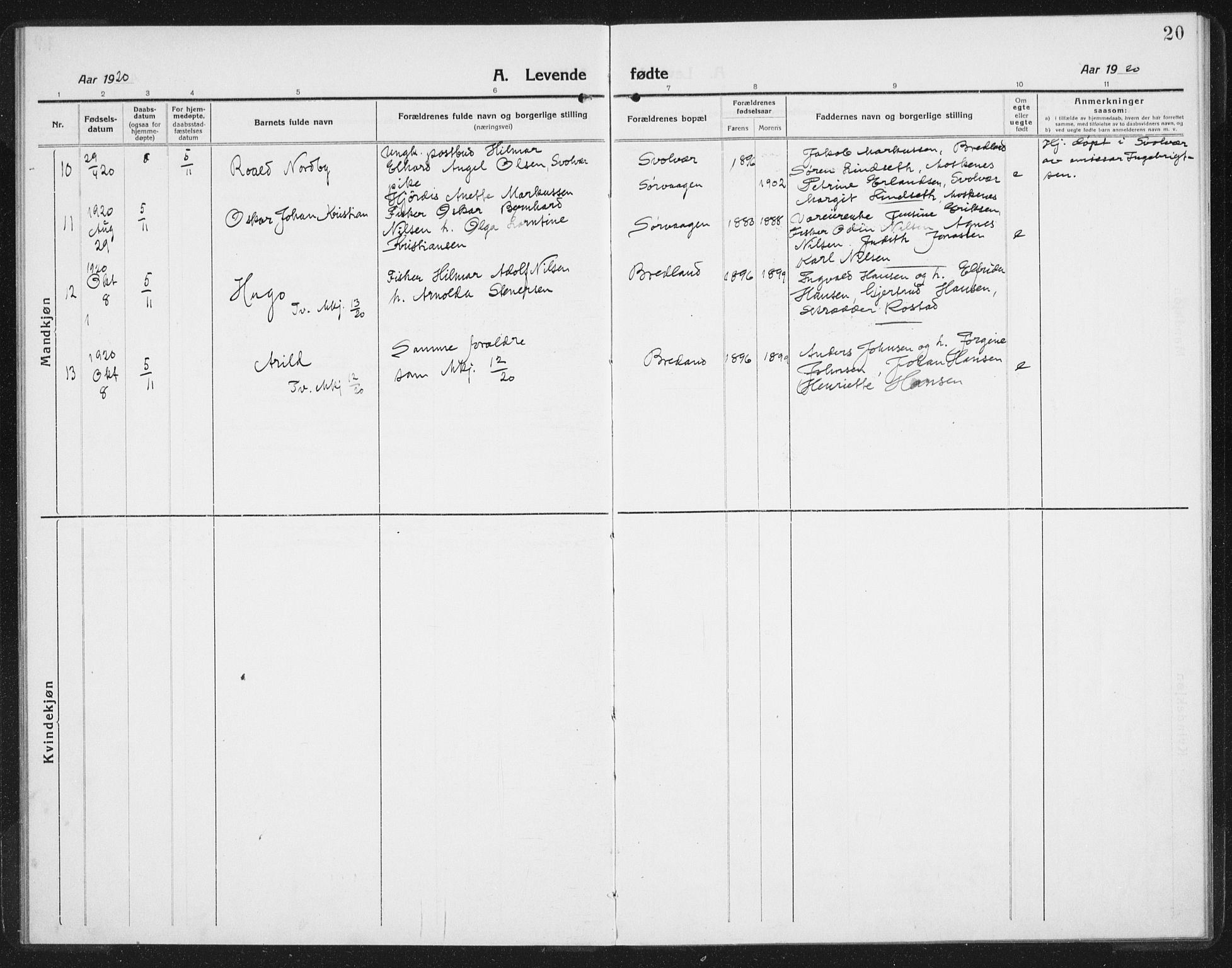 Ministerialprotokoller, klokkerbøker og fødselsregistre - Nordland, SAT/A-1459/886/L1226: Klokkerbok nr. 886C03, 1916-1935, s. 20