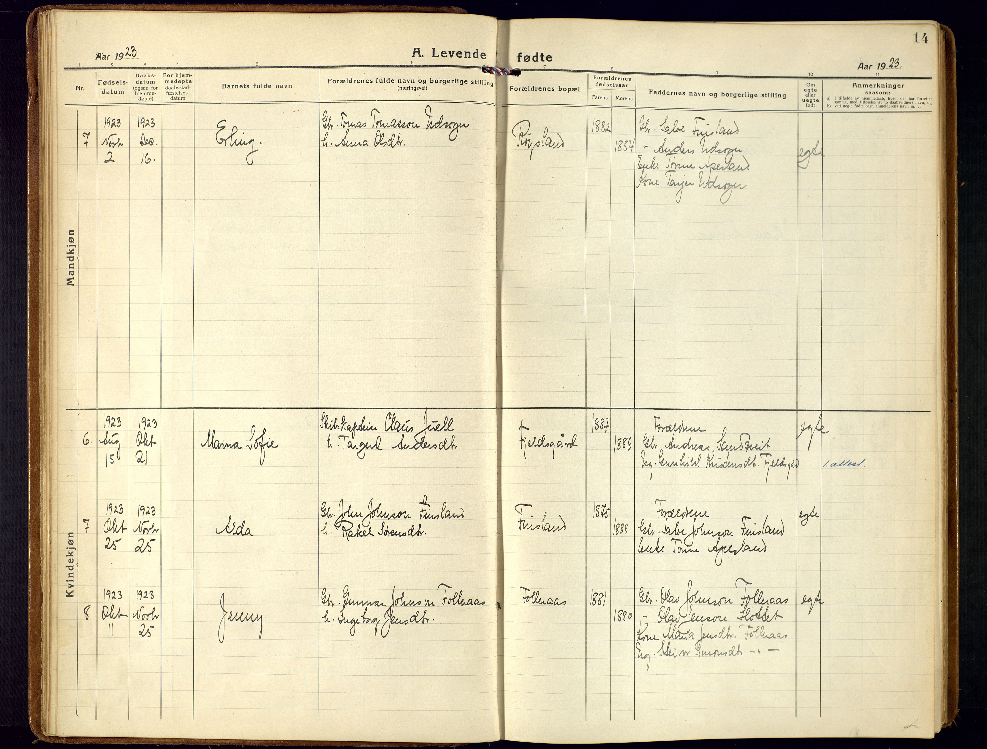 Bjelland sokneprestkontor, AV/SAK-1111-0005/F/Fa/Fab/L0005: Ministerialbok nr. A 5, 1921-1951, s. 14