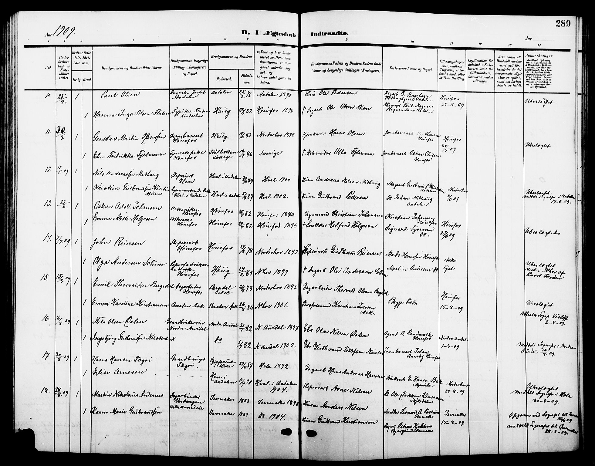 Hønefoss kirkebøker, AV/SAKO-A-609/G/Ga/L0003: Klokkerbok nr. 3, 1905-1925, s. 289