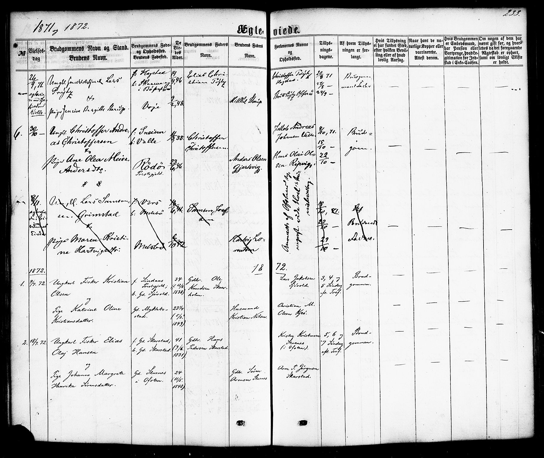 Ministerialprotokoller, klokkerbøker og fødselsregistre - Nordland, AV/SAT-A-1459/872/L1034: Ministerialbok nr. 872A09, 1864-1884, s. 233