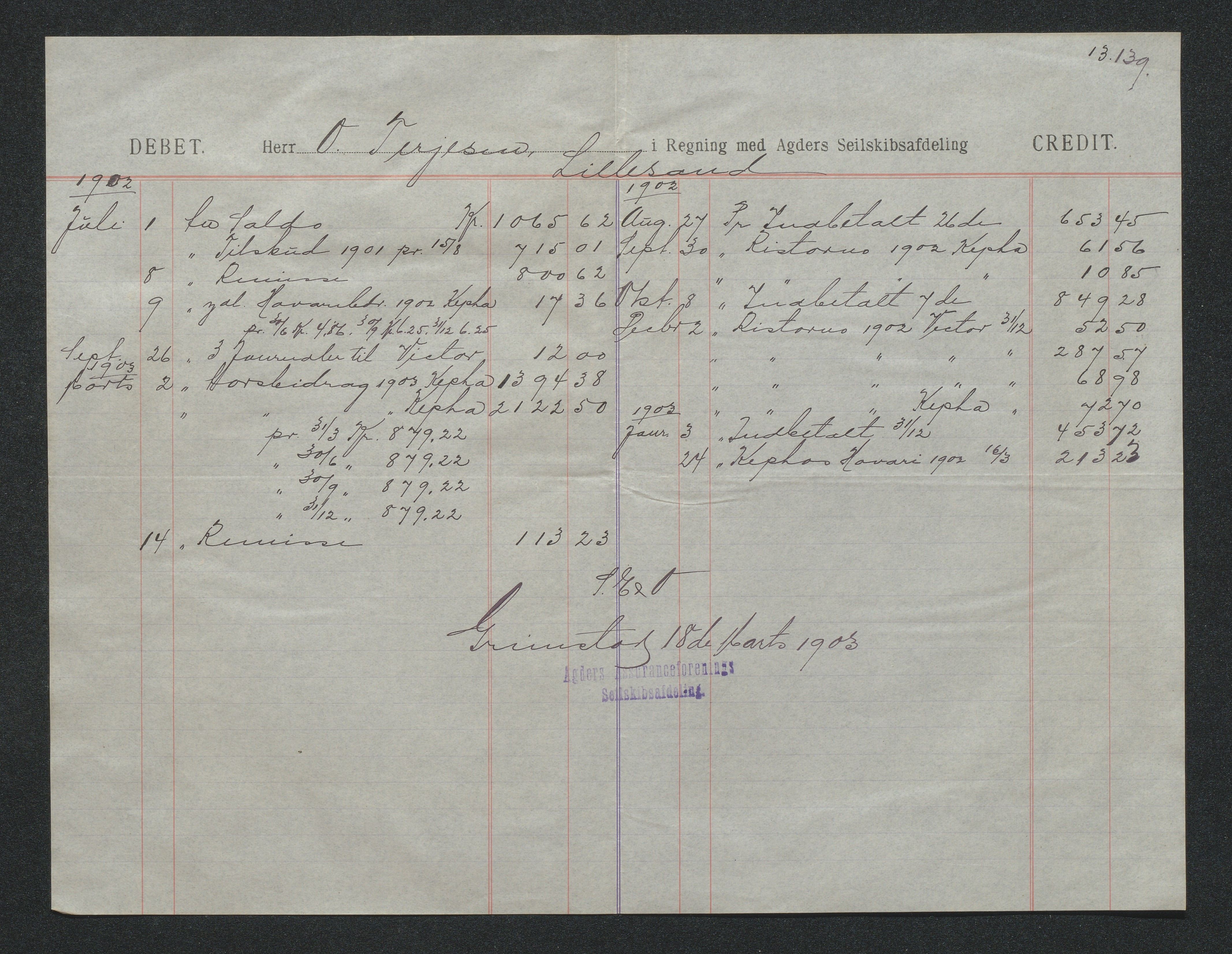 O. Terjesens rederi, AAKS/PA-2525/R/R02/L0002: Regnskapsbilag, 1899-1904