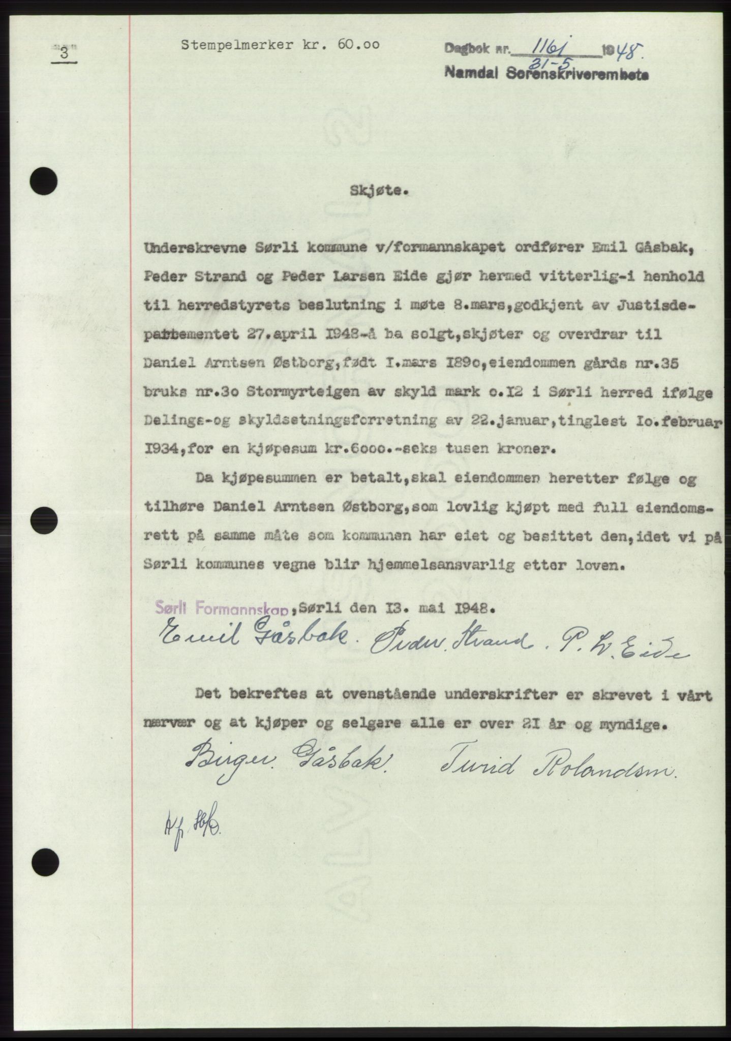 Namdal sorenskriveri, SAT/A-4133/1/2/2C: Pantebok nr. -, 1947-1948, Dagboknr: 1161/1948
