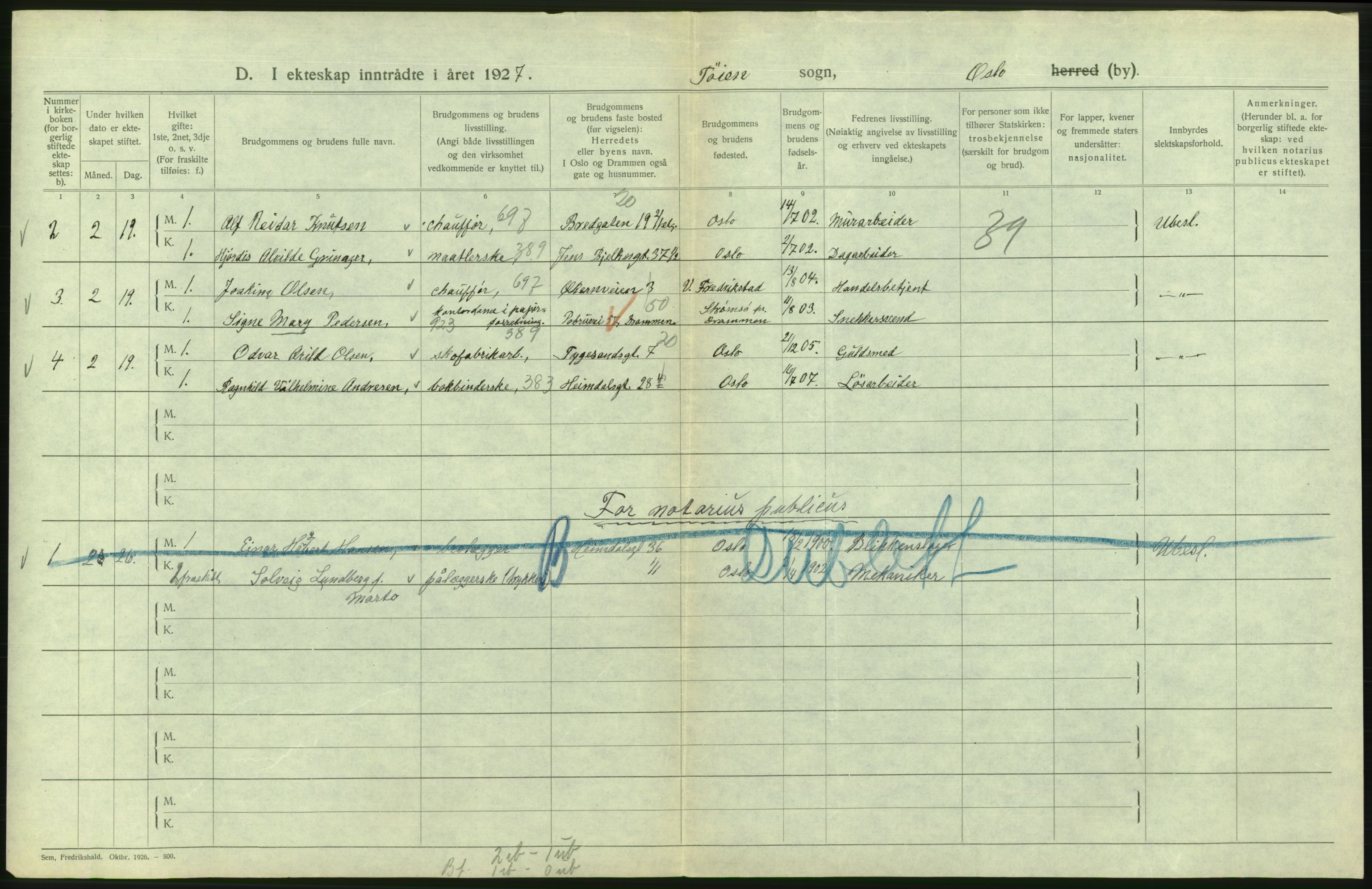 Statistisk sentralbyrå, Sosiodemografiske emner, Befolkning, AV/RA-S-2228/D/Df/Dfc/Dfcg/L0008: Oslo: Gifte, 1927, s. 698