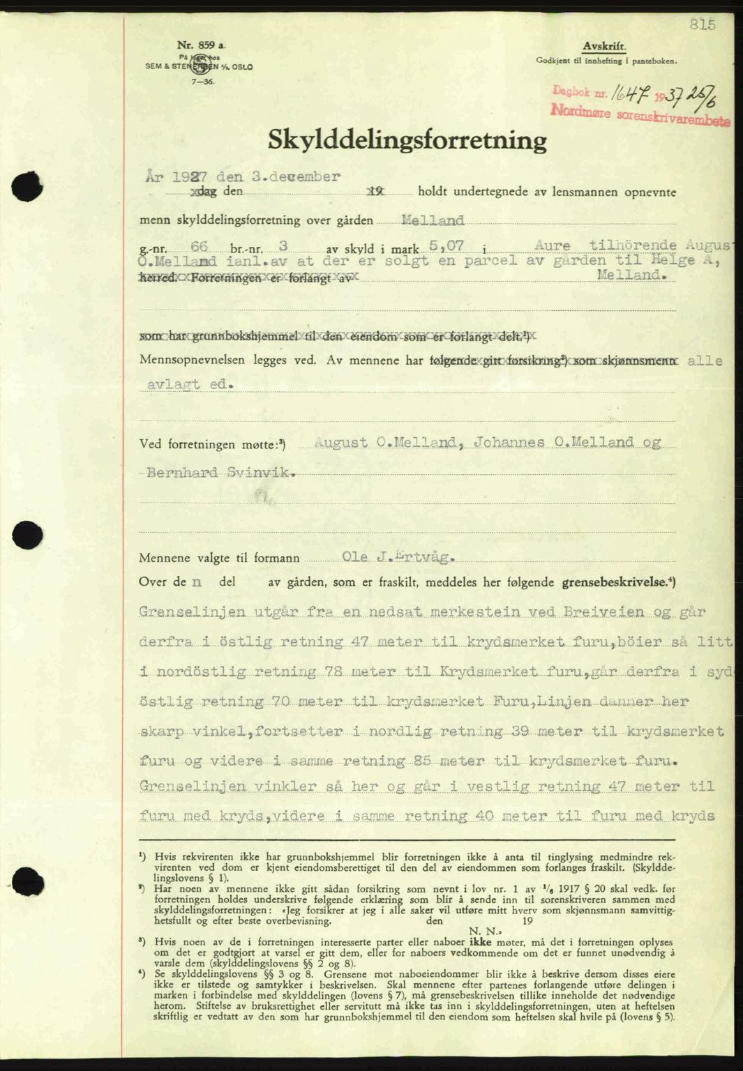 Nordmøre sorenskriveri, SAT/A-4132/1/2/2Ca: Pantebok nr. A81, 1937-1937, Dagboknr: 1647/1937