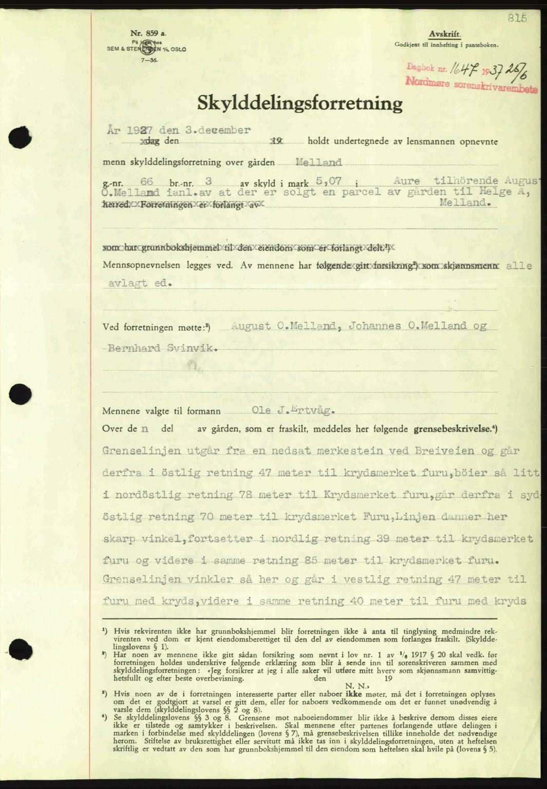 Nordmøre sorenskriveri, AV/SAT-A-4132/1/2/2Ca: Pantebok nr. A81, 1937-1937, Dagboknr: 1647/1937