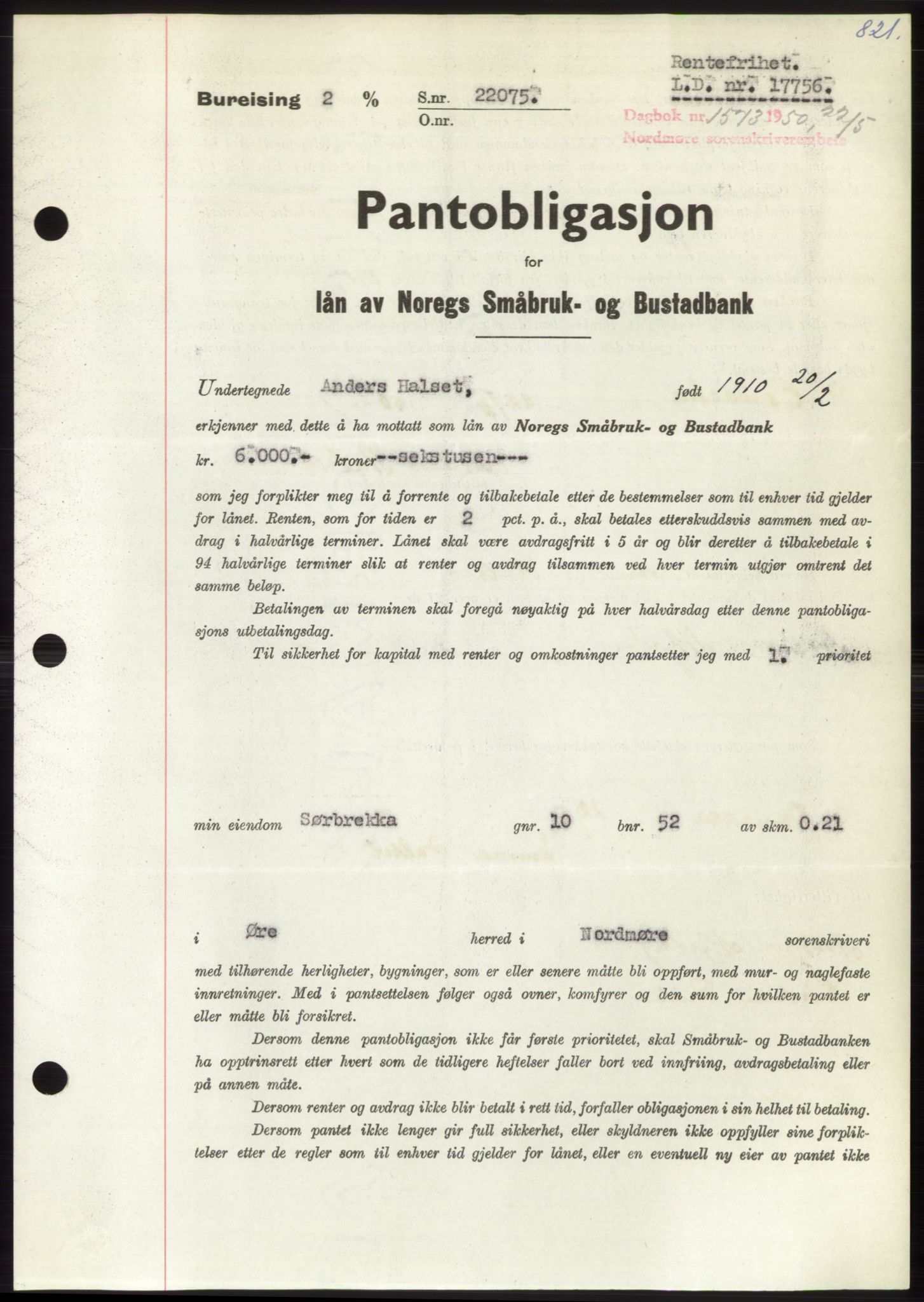 Nordmøre sorenskriveri, SAT/A-4132/1/2/2Ca: Pantebok nr. B104, 1950-1950, Dagboknr: 1573/1950