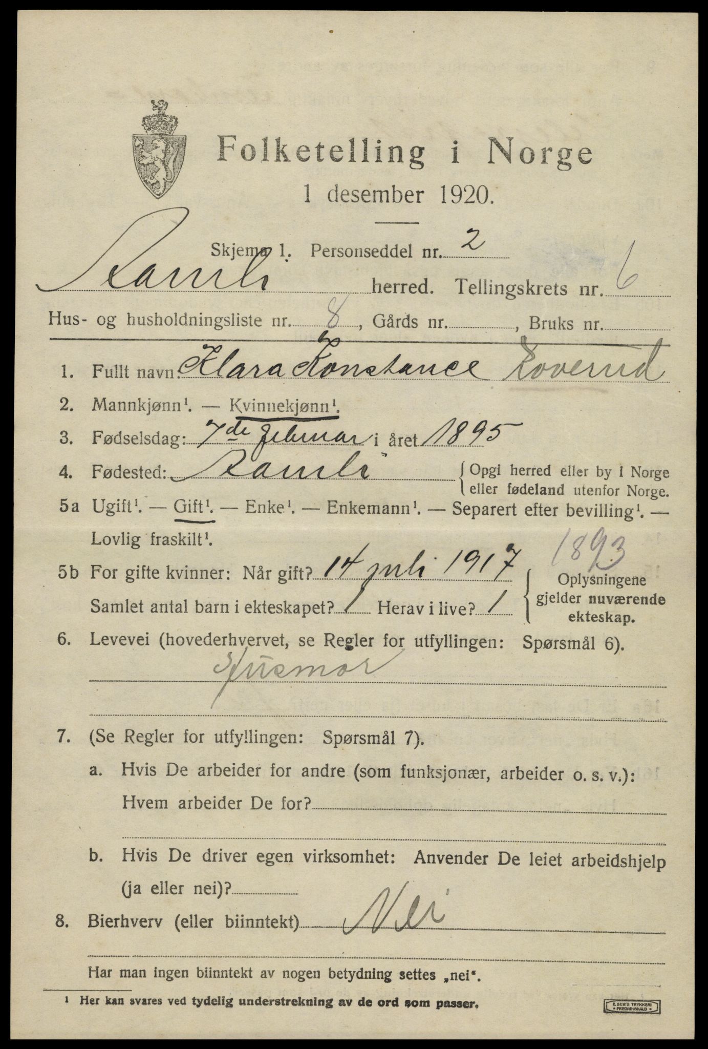 SAK, Folketelling 1920 for 0929 Åmli herred, 1920, s. 2705