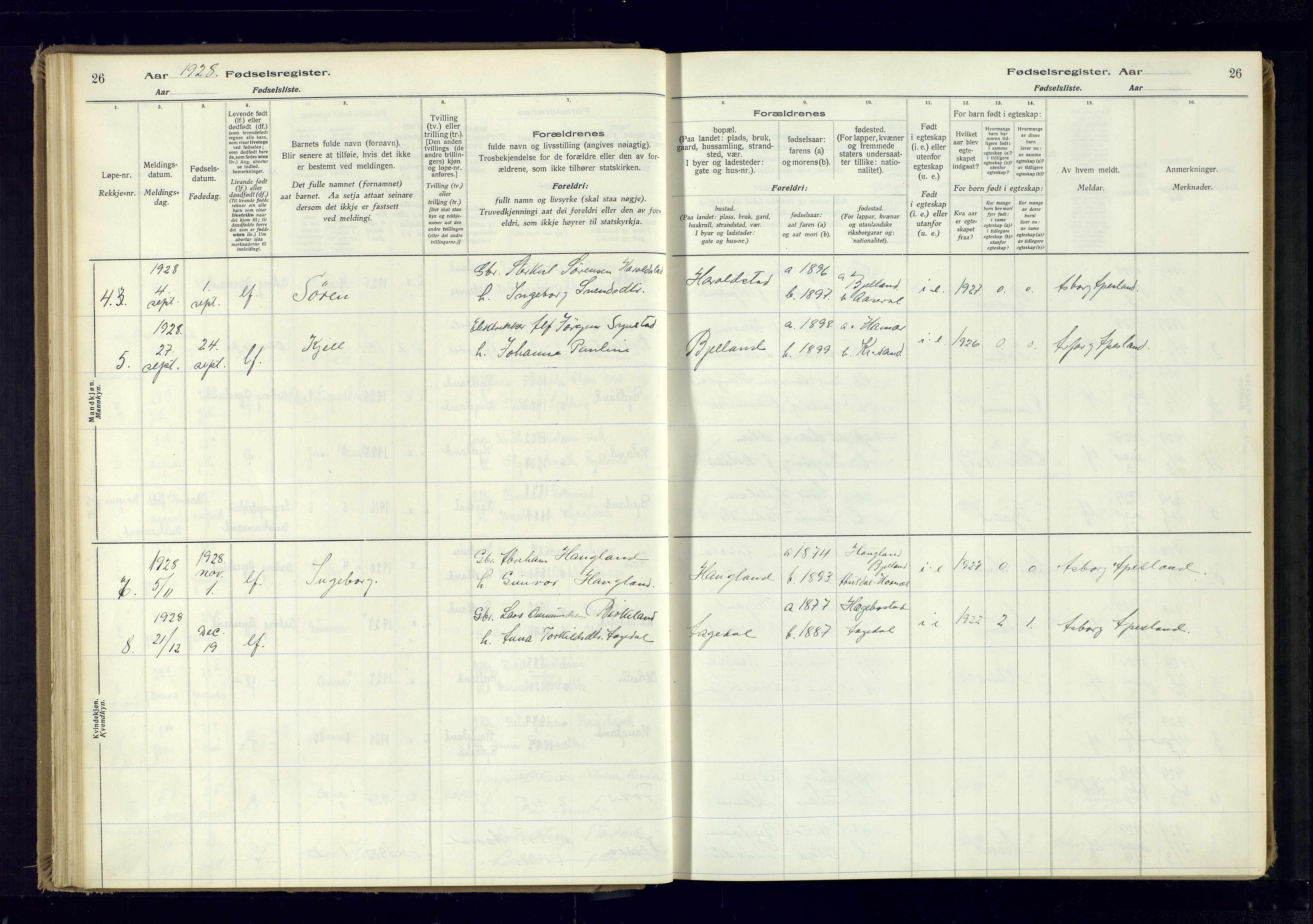 Bjelland sokneprestkontor, AV/SAK-1111-0005/J/Ja/L0001: Fødselsregister nr. II.4.2, 1916-1982, s. 26