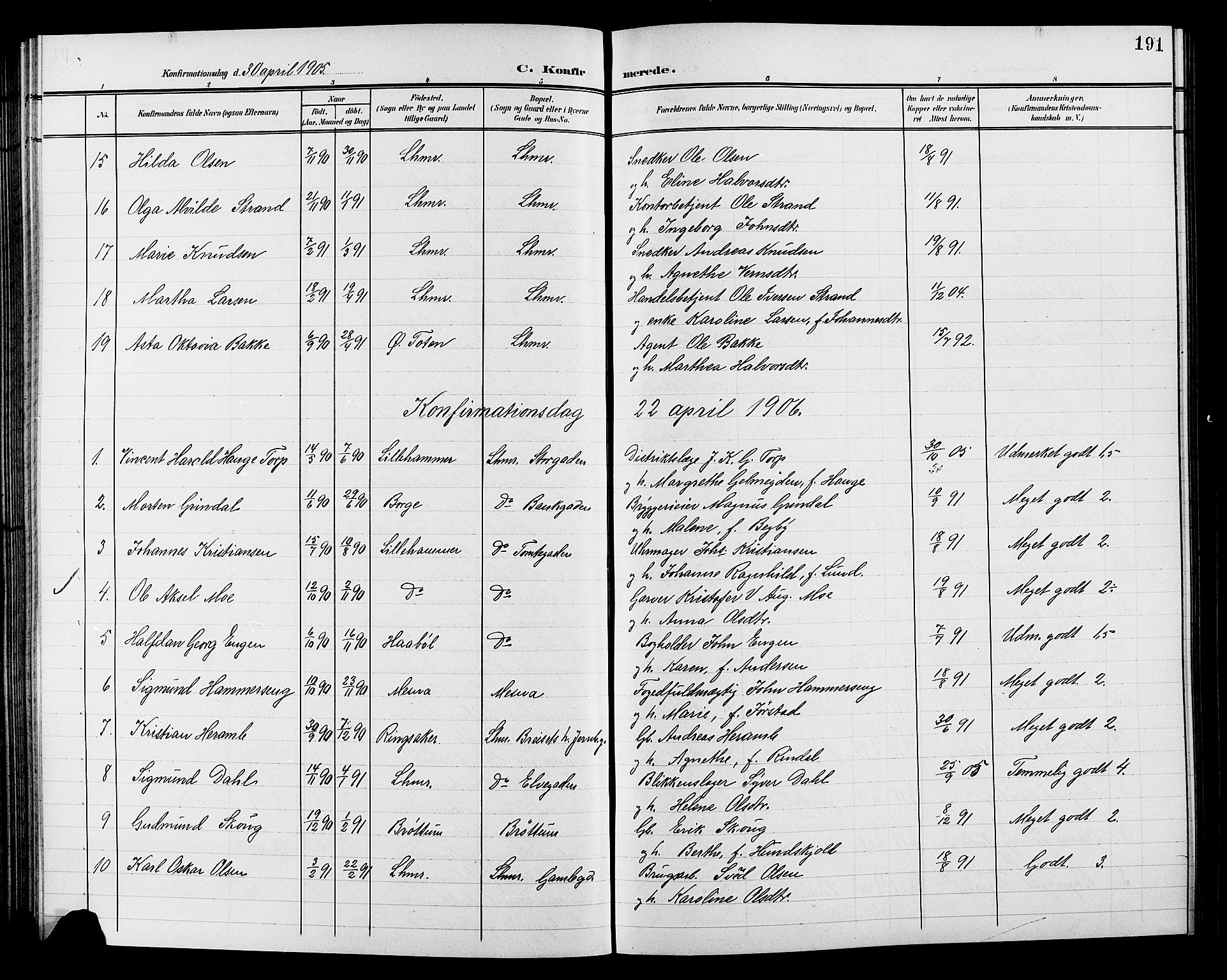 Lillehammer prestekontor, AV/SAH-PREST-088/H/Ha/Hab/L0001: Klokkerbok nr. 1, 1901-1913, s. 191