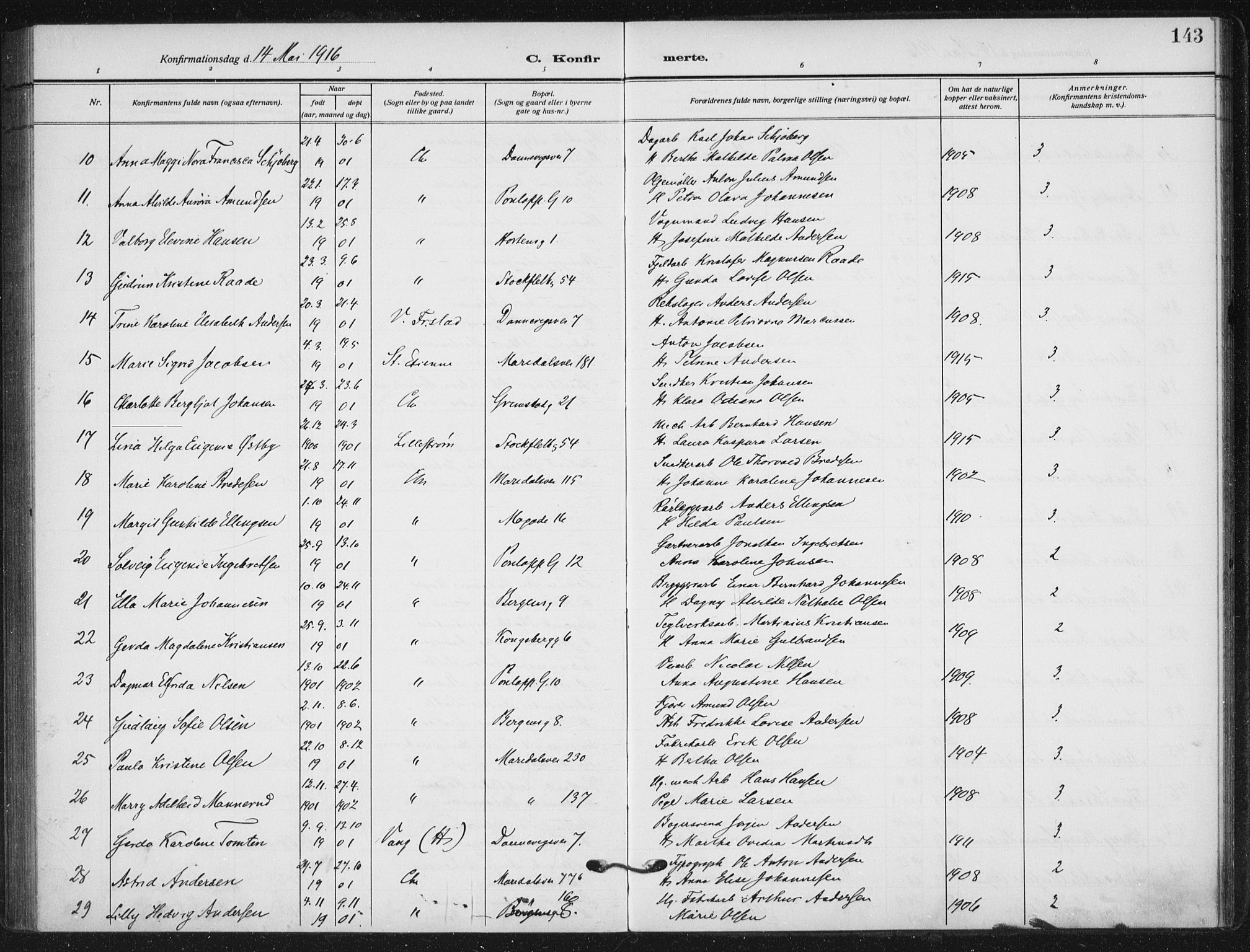 Sagene prestekontor Kirkebøker, AV/SAO-A-10796/F/L0008: Ministerialbok nr. 8, 1910-1919, s. 143