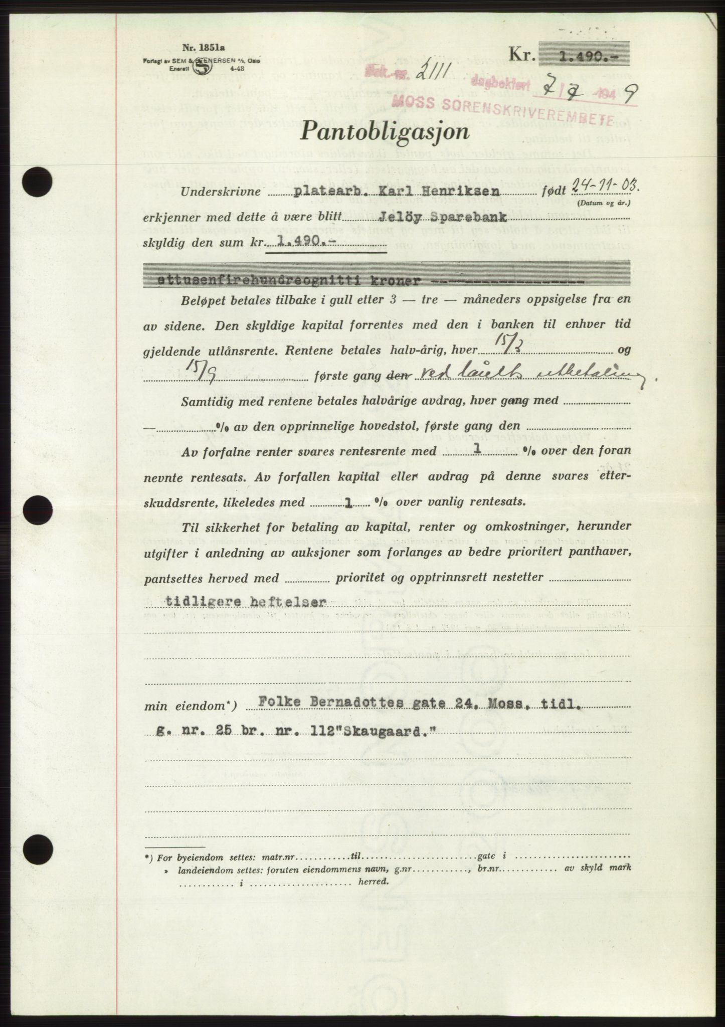 Moss sorenskriveri, SAO/A-10168: Pantebok nr. B22, 1949-1949, Dagboknr: 2111/1949
