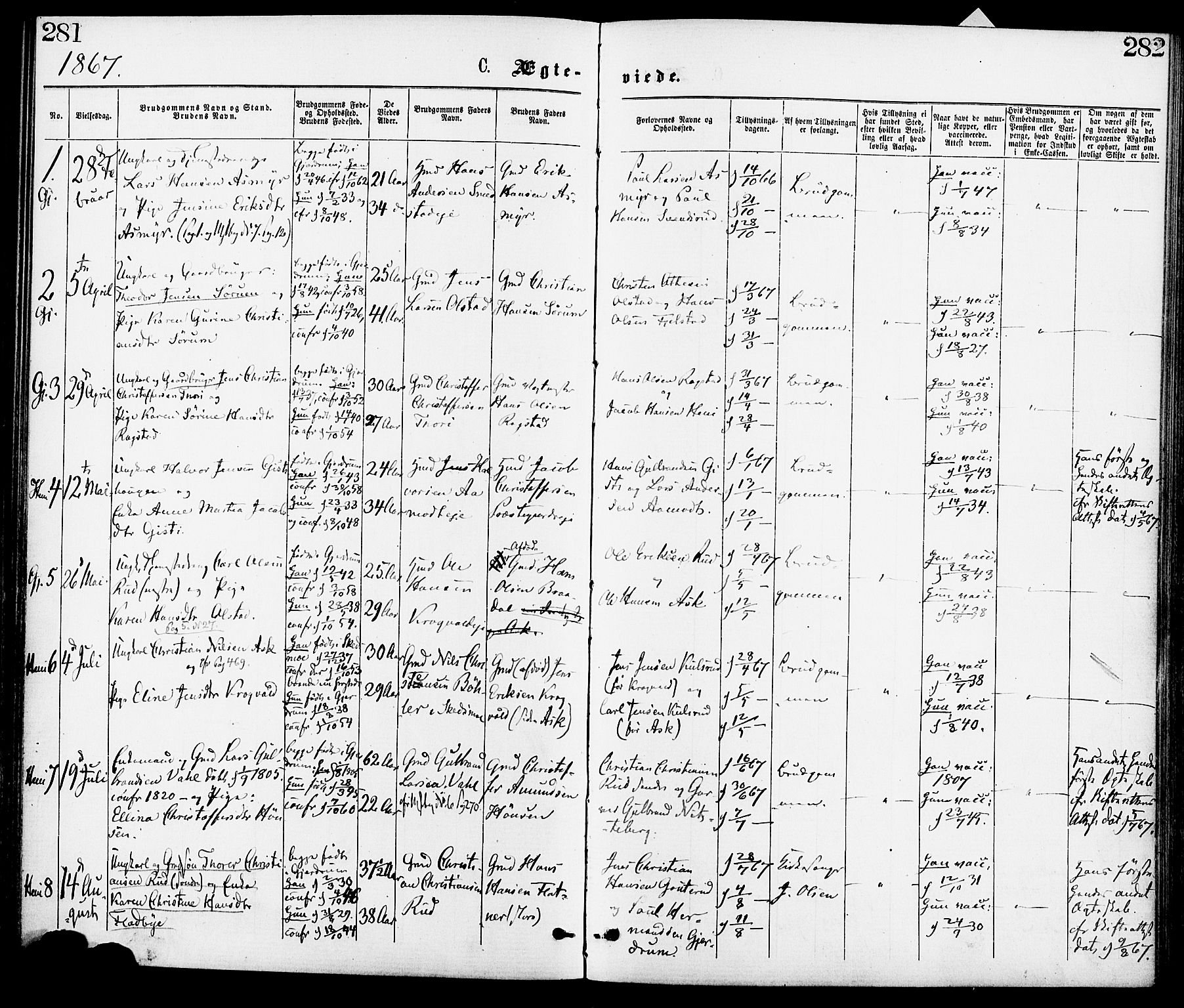 Gjerdrum prestekontor Kirkebøker, AV/SAO-A-10412b/F/Fa/L0008: Ministerialbok nr. I 8, 1867-1880, s. 281-282