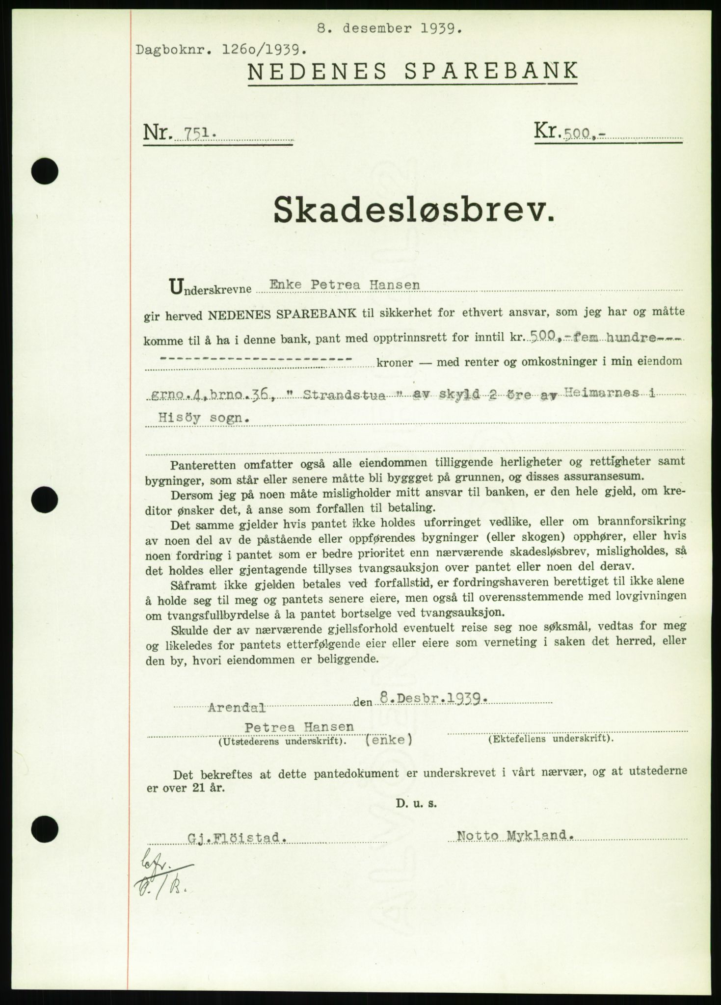 Nedenes sorenskriveri, SAK/1221-0006/G/Gb/Gbb/L0001: Pantebok nr. I, 1939-1942, Dagboknr: 1260/1939