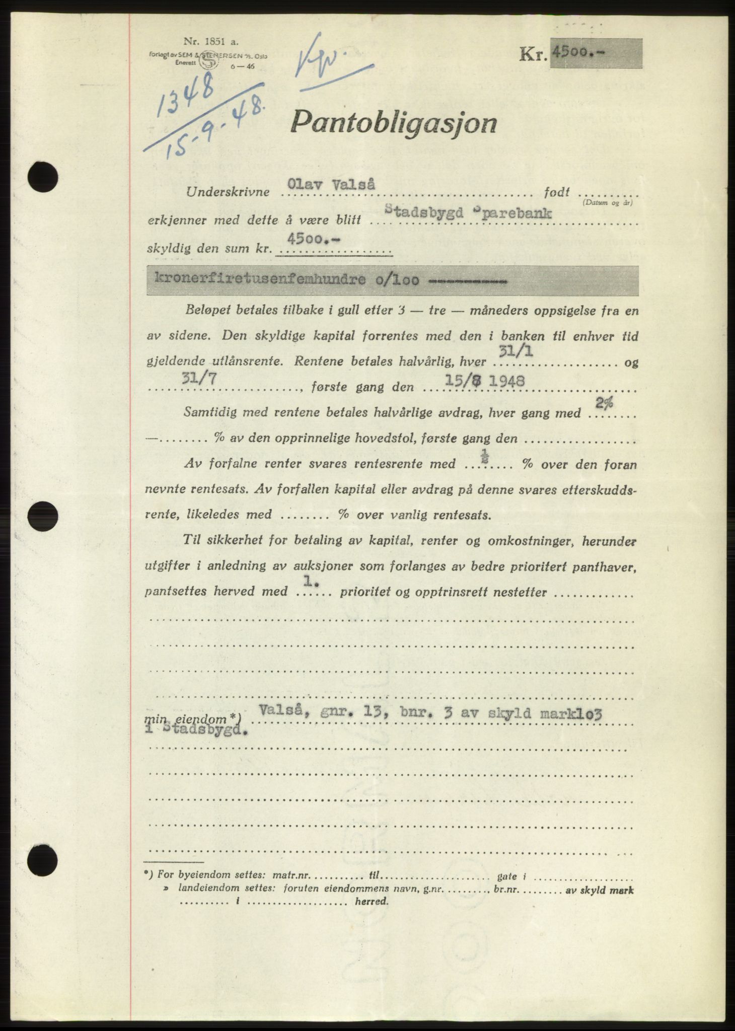 Fosen sorenskriveri, AV/SAT-A-1107/1/2/2C: Pantebok nr. B, 1948-1950, Dagboknr: 1348/1948