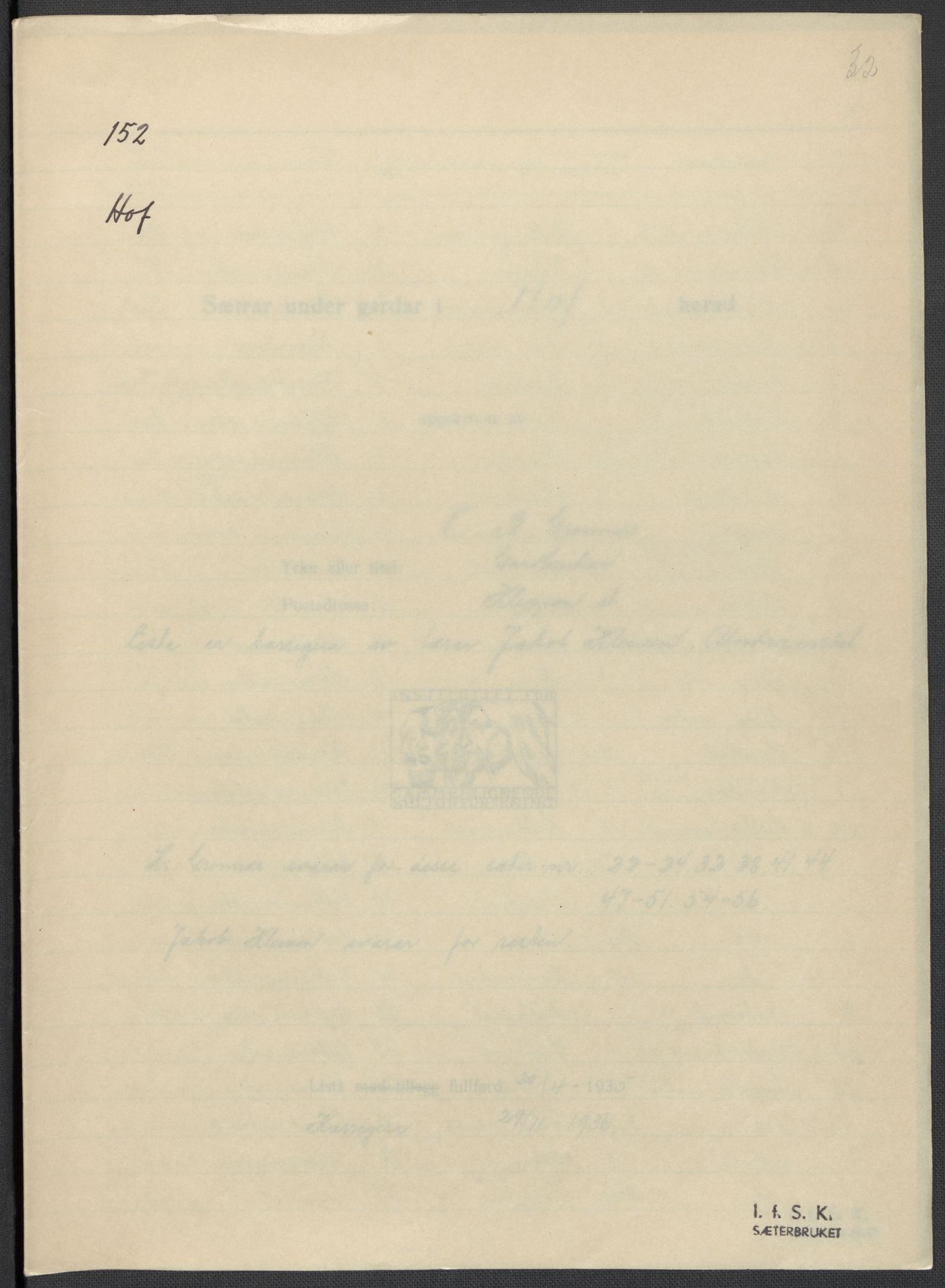 Instituttet for sammenlignende kulturforskning, AV/RA-PA-0424/F/Fc/L0006/0003: Eske B6: / Vestfold (perm XV), 1932-1935, s. 32