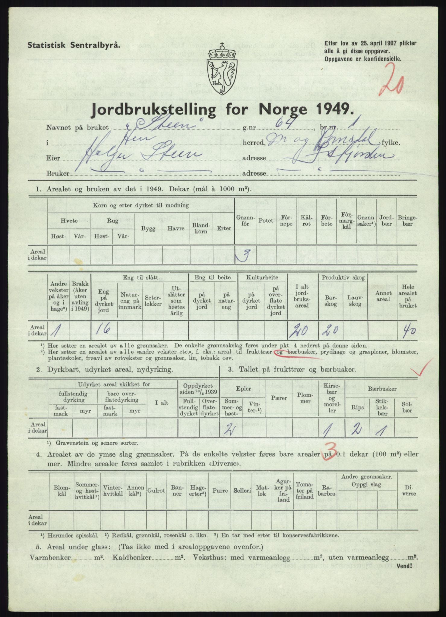 Statistisk sentralbyrå, Næringsøkonomiske emner, Jordbruk, skogbruk, jakt, fiske og fangst, AV/RA-S-2234/G/Gc/L0323: Møre og Romsdal: Grytten og Hen, 1949, s. 555