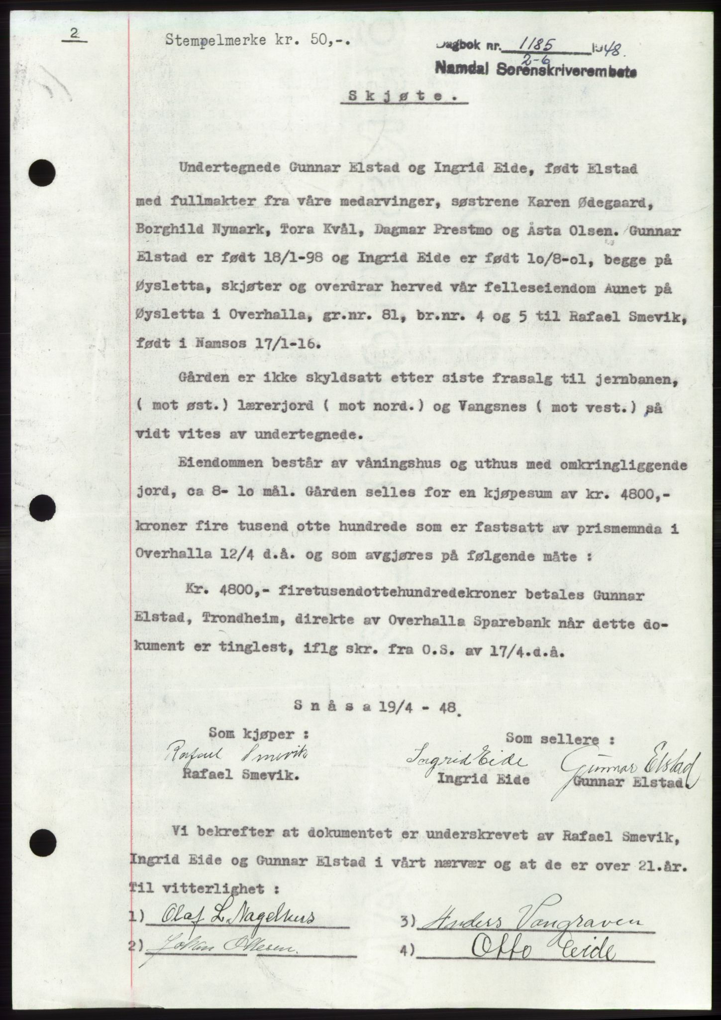 Namdal sorenskriveri, SAT/A-4133/1/2/2C: Pantebok nr. -, 1948-1948, Dagboknr: 1185/1948