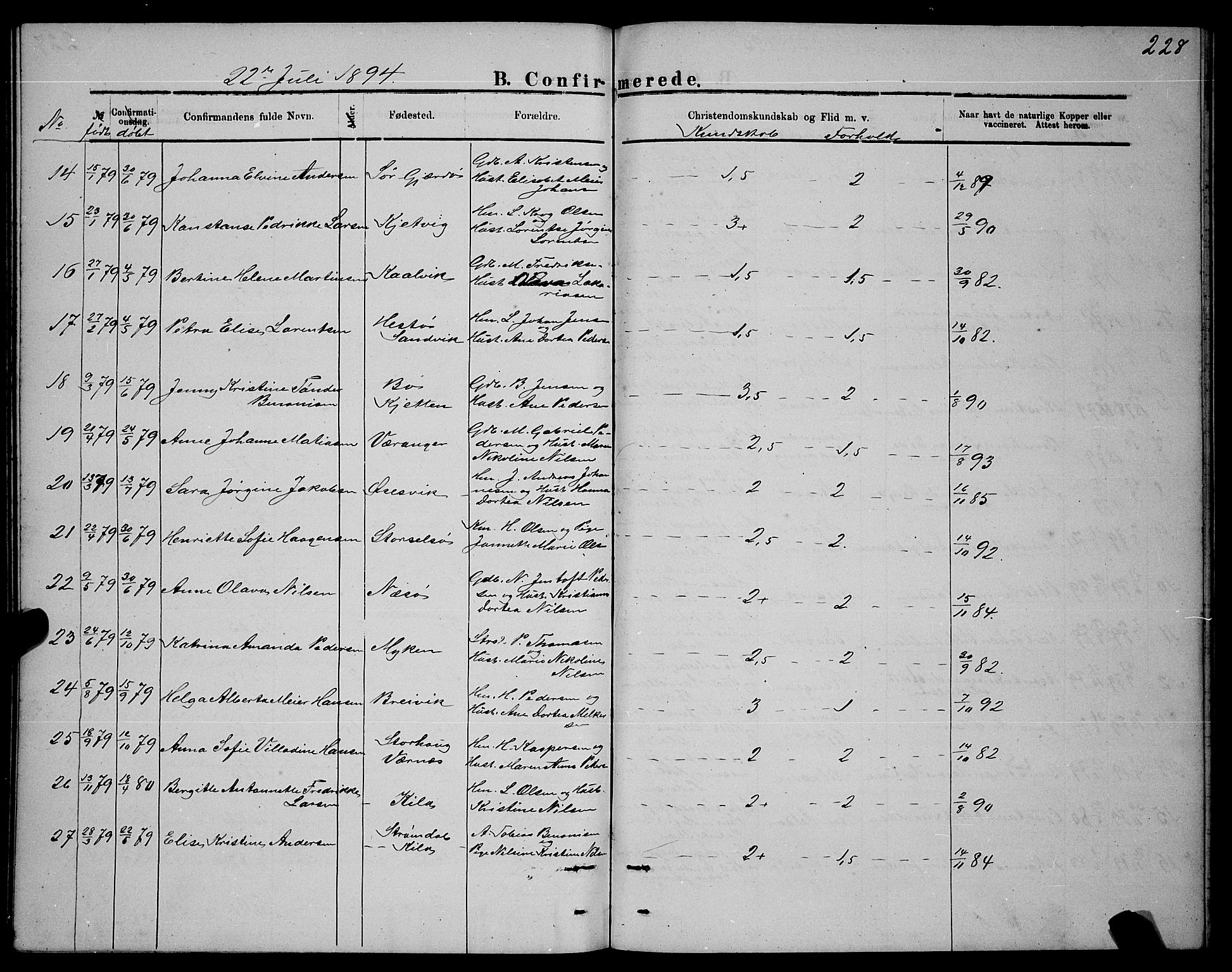 Ministerialprotokoller, klokkerbøker og fødselsregistre - Nordland, AV/SAT-A-1459/841/L0620: Klokkerbok nr. 841C04, 1877-1896, s. 228