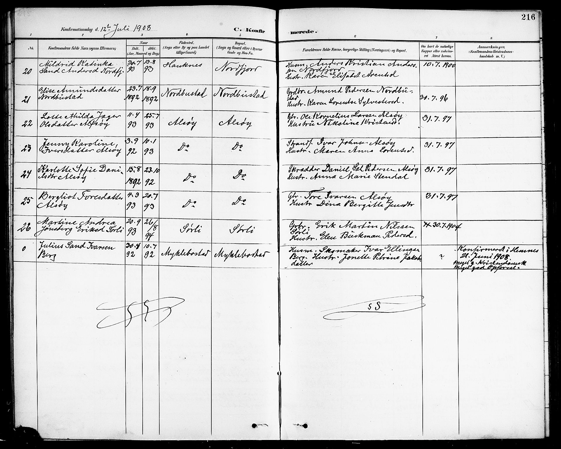 Ministerialprotokoller, klokkerbøker og fødselsregistre - Nordland, SAT/A-1459/838/L0559: Klokkerbok nr. 838C06, 1893-1910, s. 216