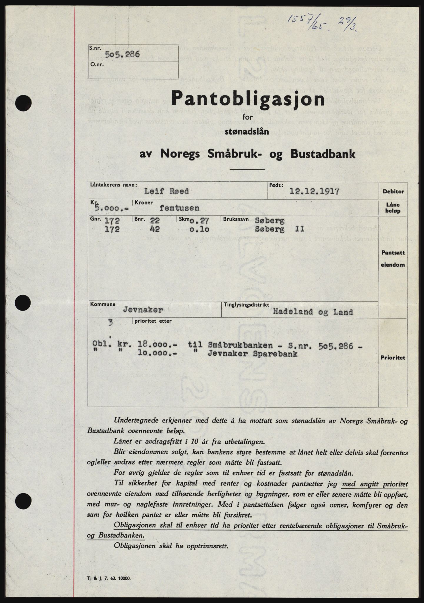 Hadeland og Land tingrett, SAH/TING-010/H/Hb/Hbc/L0058: Pantebok nr. B58, 1965-1965, Dagboknr: 1557/1965