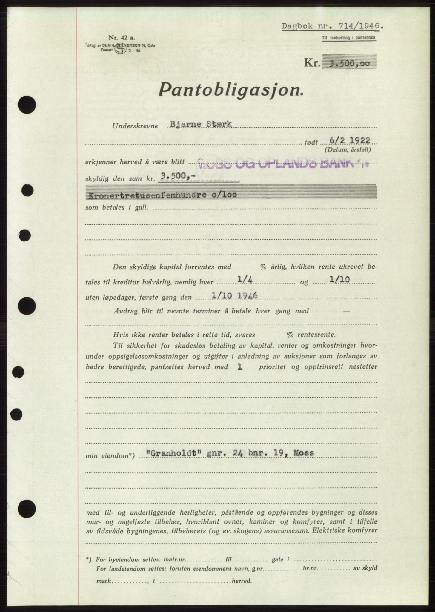 Moss sorenskriveri, SAO/A-10168: Pantebok nr. B15, 1946-1946, Dagboknr: 714/1946