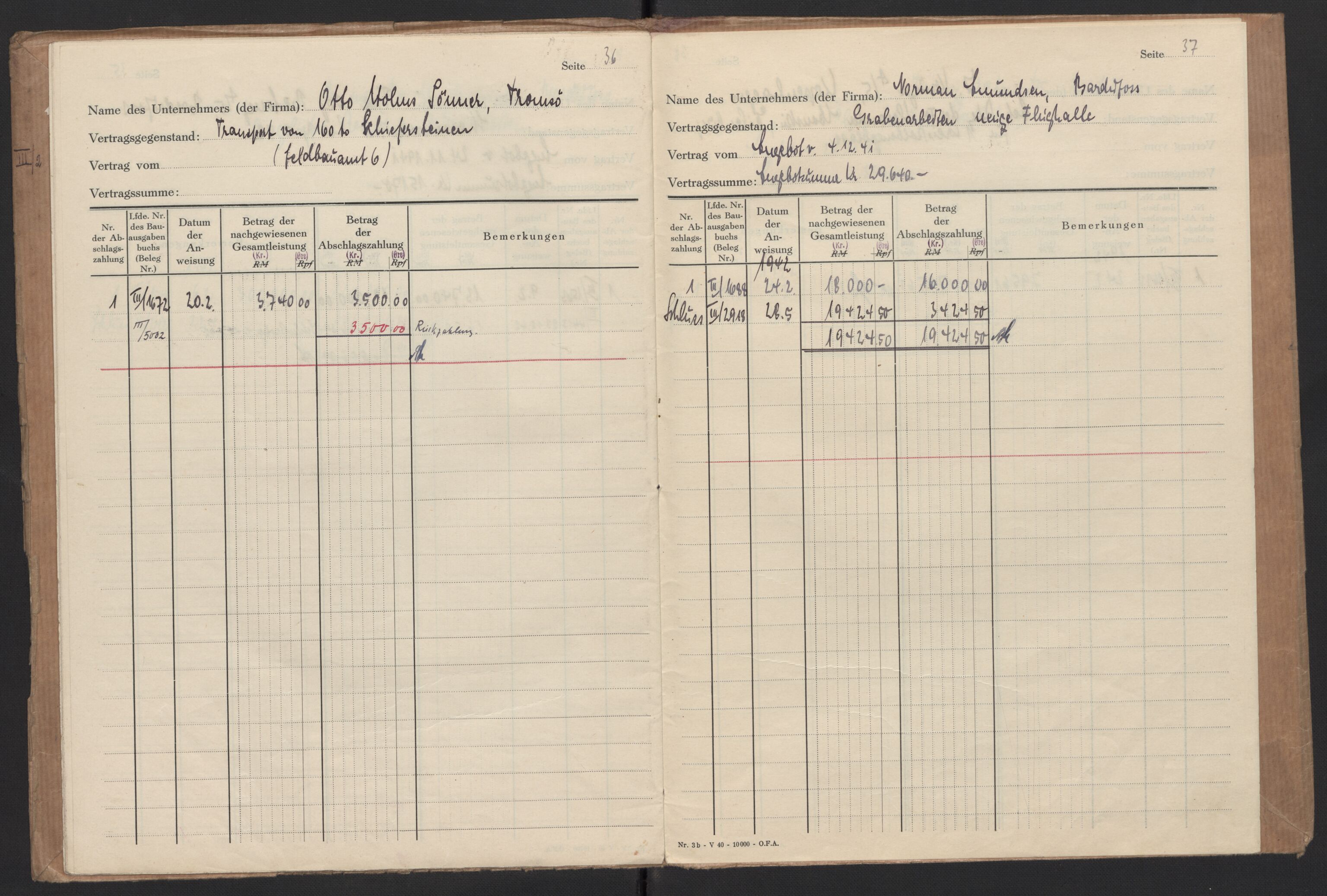 Tyske arkiver, Organisation Todt (OT), Einsatzgruppe Wiking, AV/RA-RAFA-2188/2/F/Fg/Fgb/L0005: Bltg. L.W. Bardufoss: Diverse regnskapsbøker, 1940