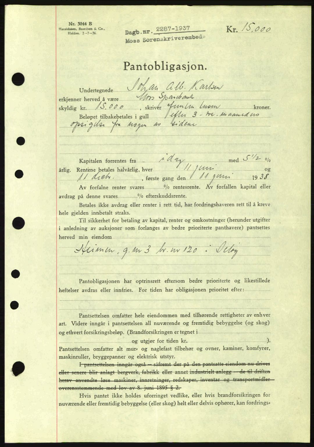 Moss sorenskriveri, SAO/A-10168: Pantebok nr. B4, 1937-1938, Dagboknr: 2287/1937