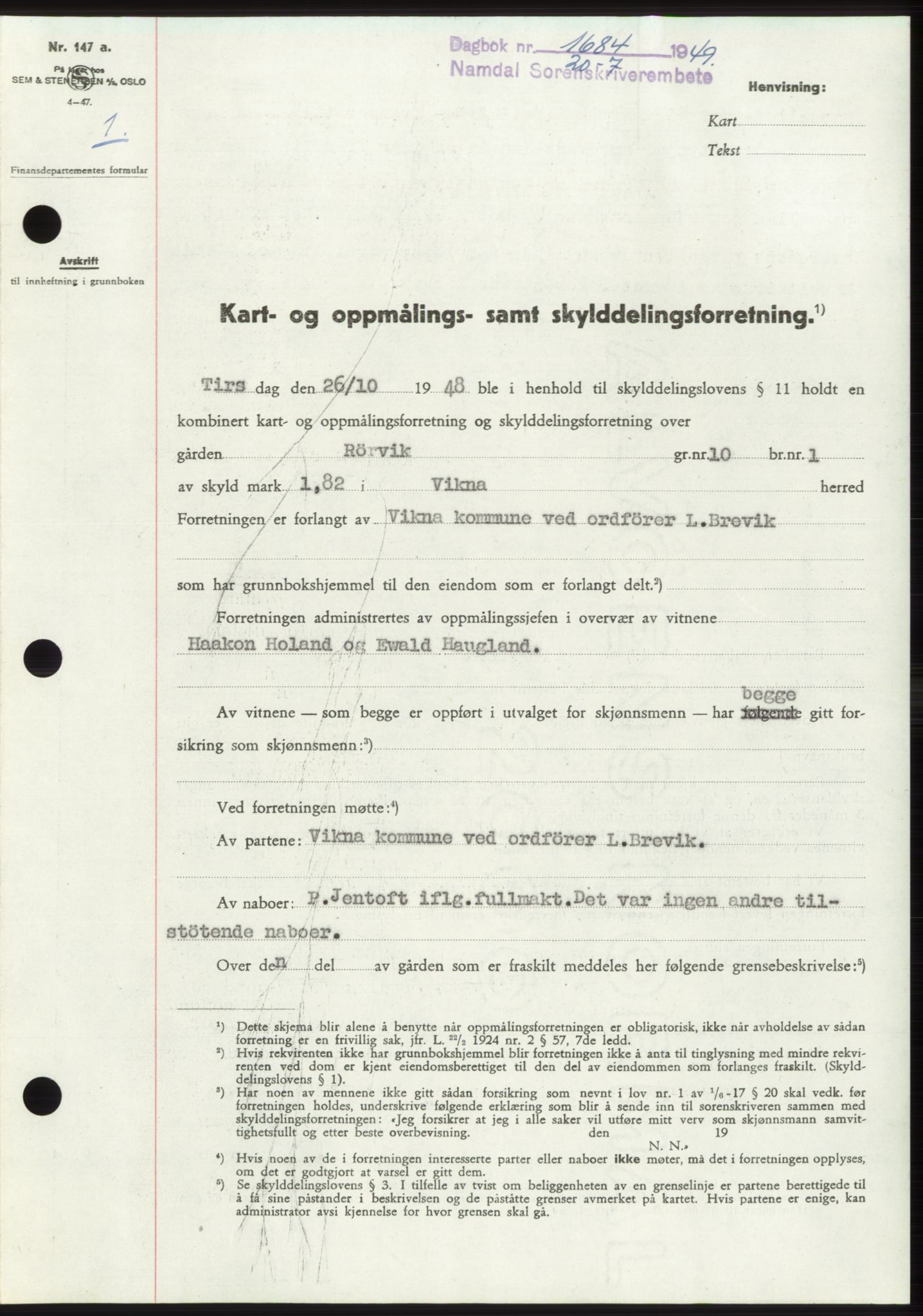 Namdal sorenskriveri, SAT/A-4133/1/2/2C: Pantebok nr. -, 1949-1949, Dagboknr: 1684/1949