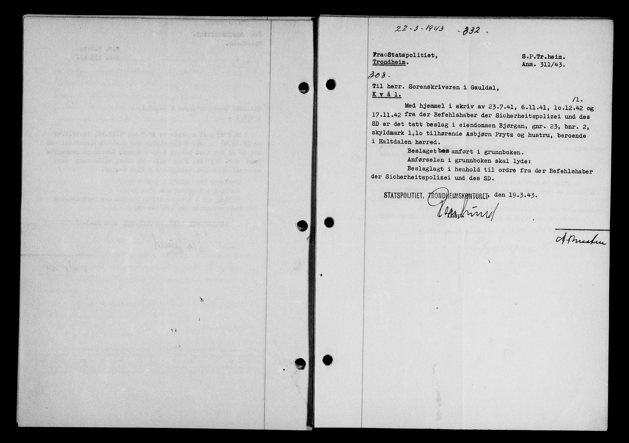 Gauldal sorenskriveri, SAT/A-0014/1/2/2C/L0056: Pantebok nr. 61, 1942-1943, Dagboknr: 308/1943