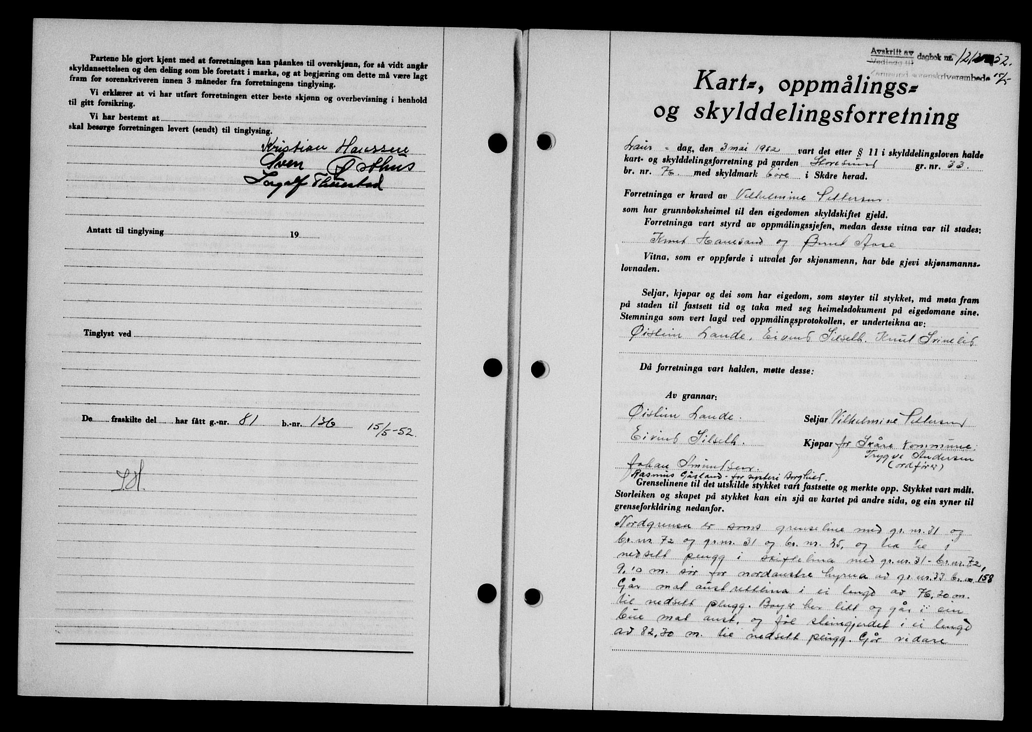Karmsund sorenskriveri, SAST/A-100311/01/II/IIB/L0105: Pantebok nr. 85A, 1952-1952, Dagboknr: 1212/1952