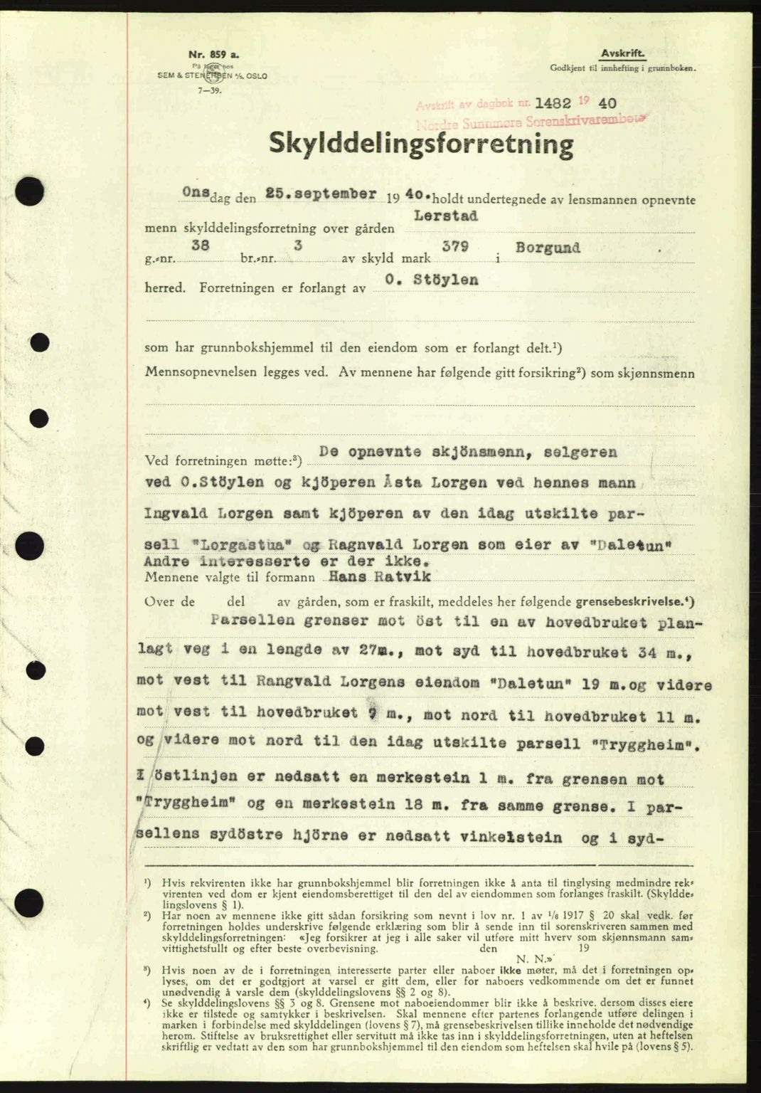 Nordre Sunnmøre sorenskriveri, AV/SAT-A-0006/1/2/2C/2Ca: Pantebok nr. A9, 1940-1940, Dagboknr: 1482/1940