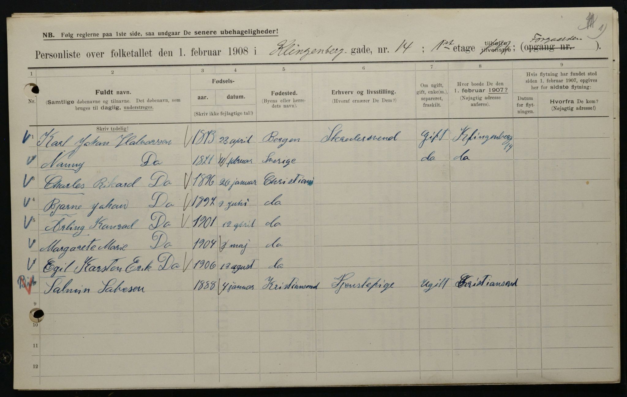 OBA, Kommunal folketelling 1.2.1908 for Kristiania kjøpstad, 1908, s. 46398