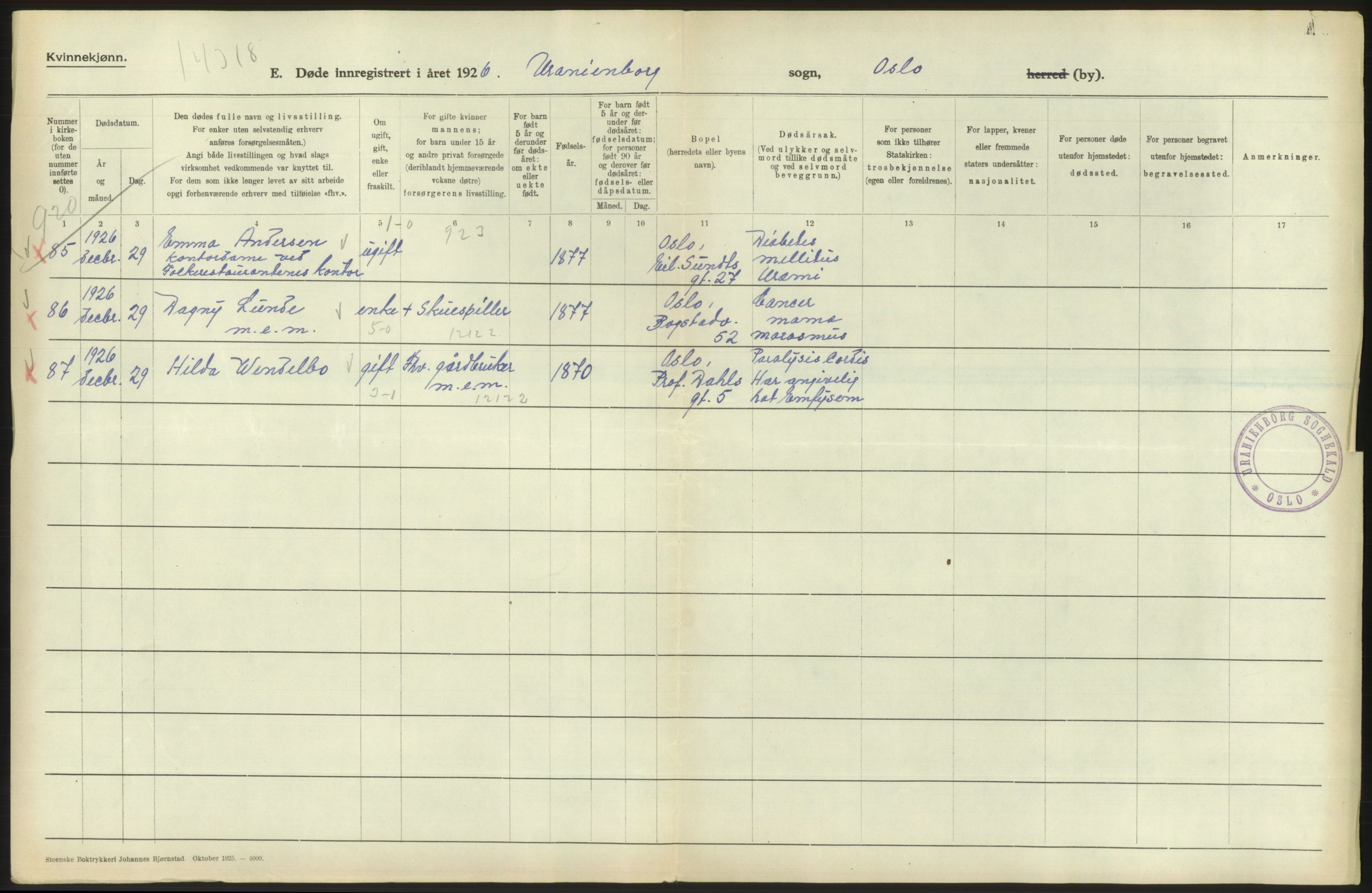 Statistisk sentralbyrå, Sosiodemografiske emner, Befolkning, RA/S-2228/D/Df/Dfc/Dfcf/L0010: Oslo: Døde kvinner, dødfødte, 1926, s. 160