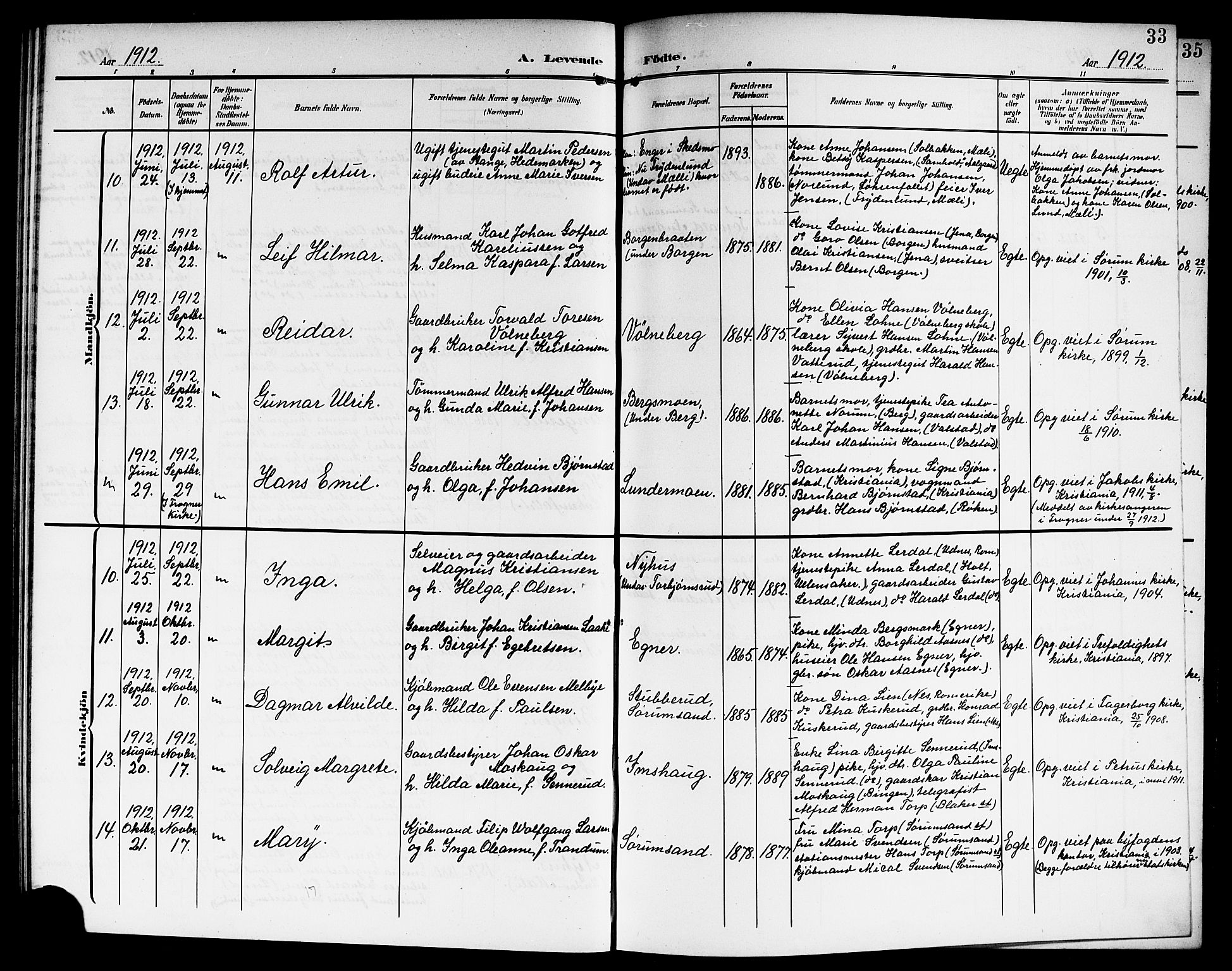 Sørum prestekontor Kirkebøker, SAO/A-10303/G/Ga/L0007: Klokkerbok nr. I 7, 1907-1917, s. 33