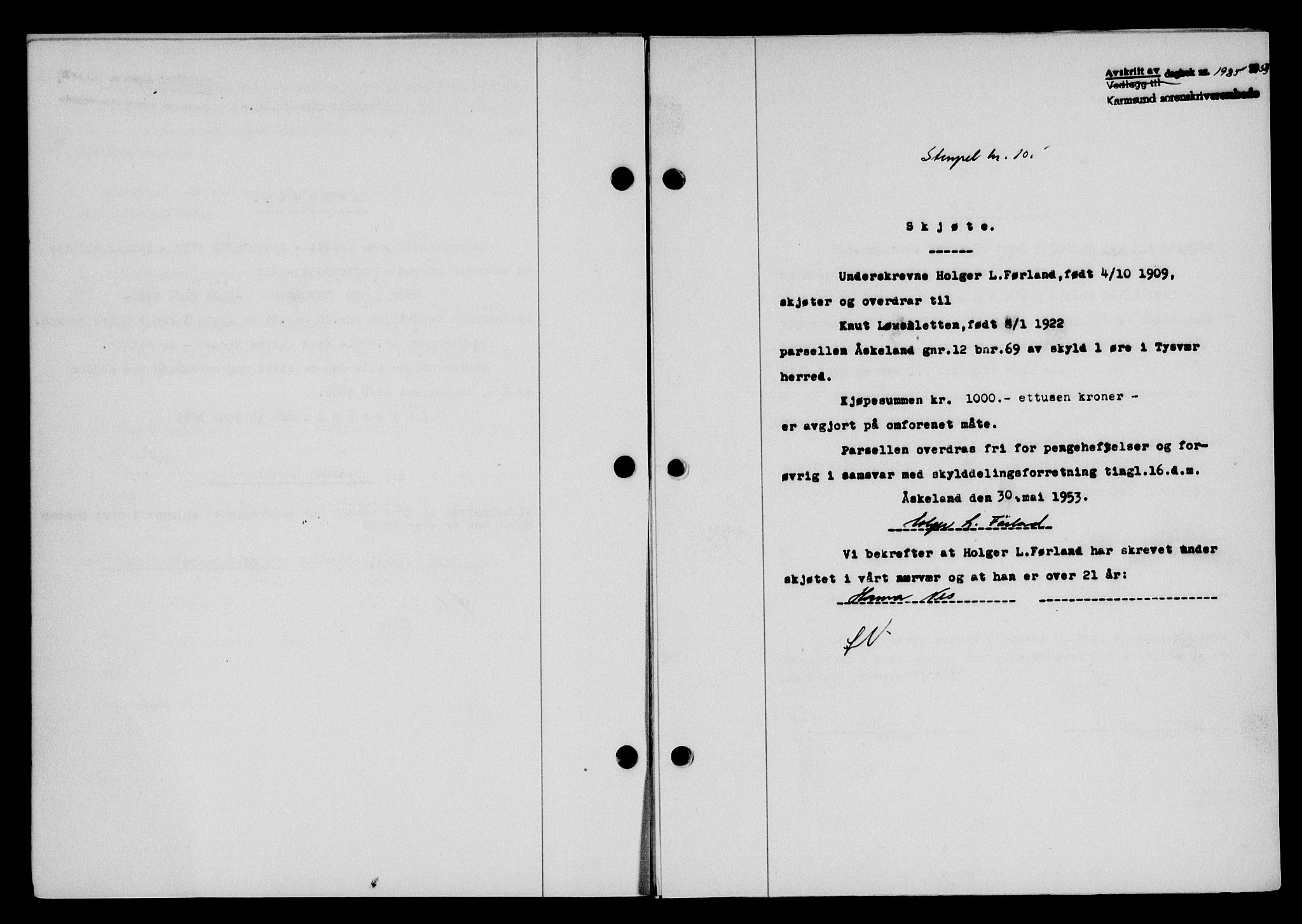 Karmsund sorenskriveri, SAST/A-100311/01/II/IIB/L0109: Pantebok nr. 89A, 1953-1953, Dagboknr: 1935/1953